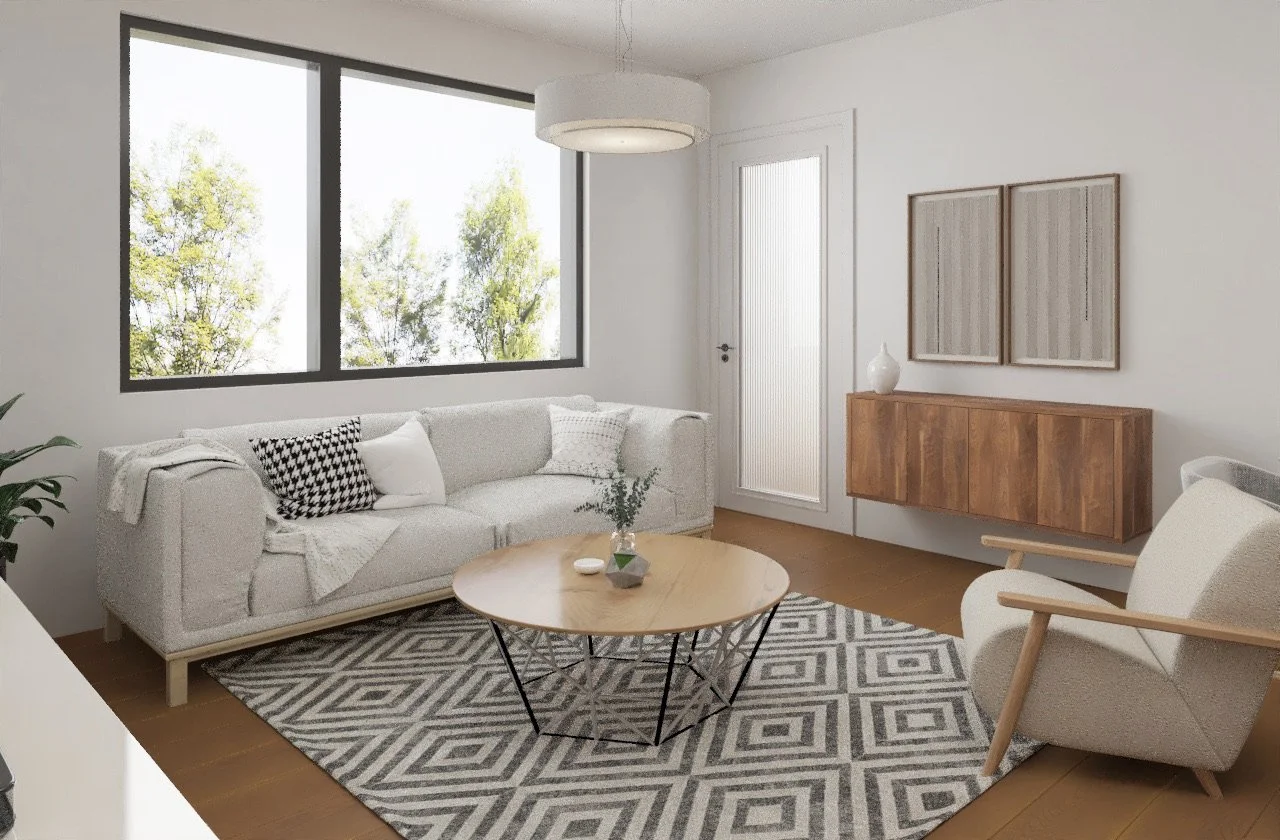 Architectural rendering of a modern living room with large windows and natural wood finishes at S4 Flats in Jackson, Wyoming.