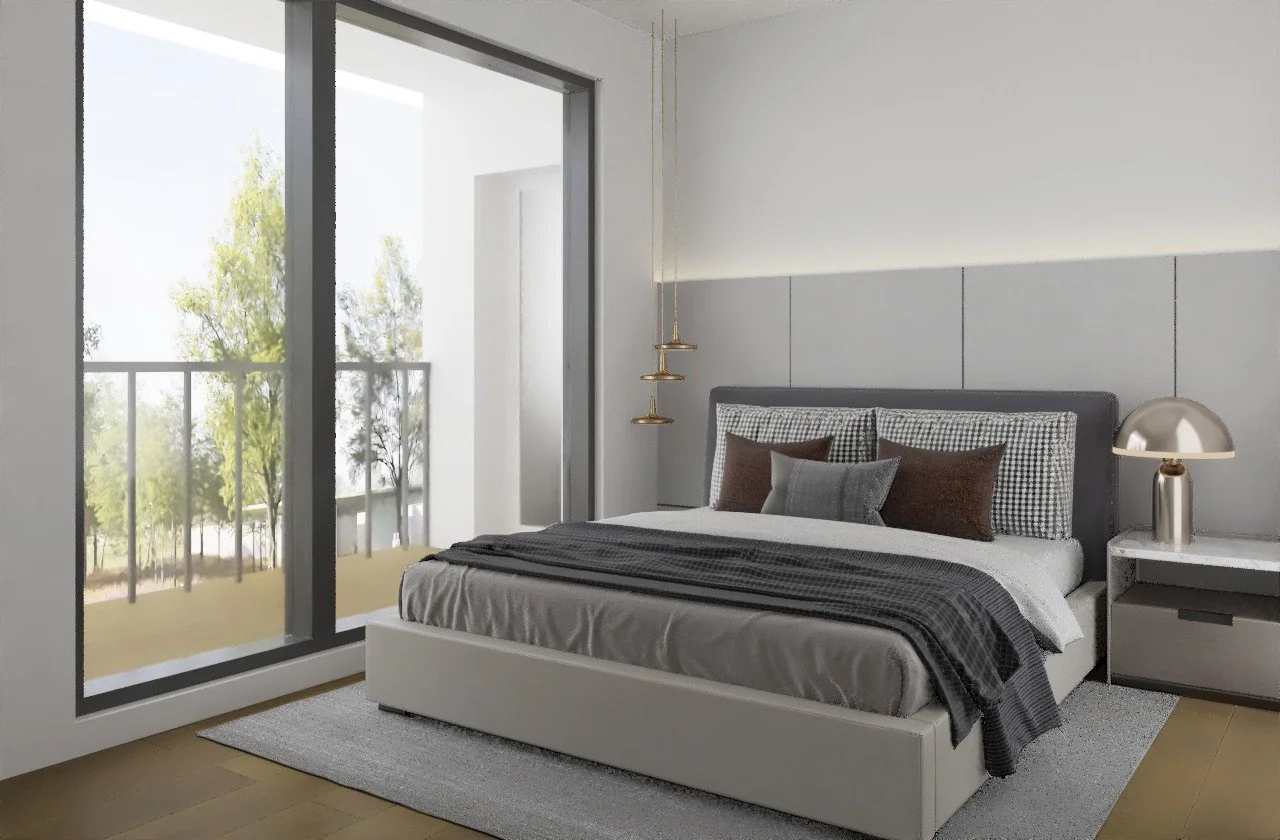 Architectural rendering of a bedroom with sliding glass doors and a private balcony at S4 Flats in Jackson, Wyoming.