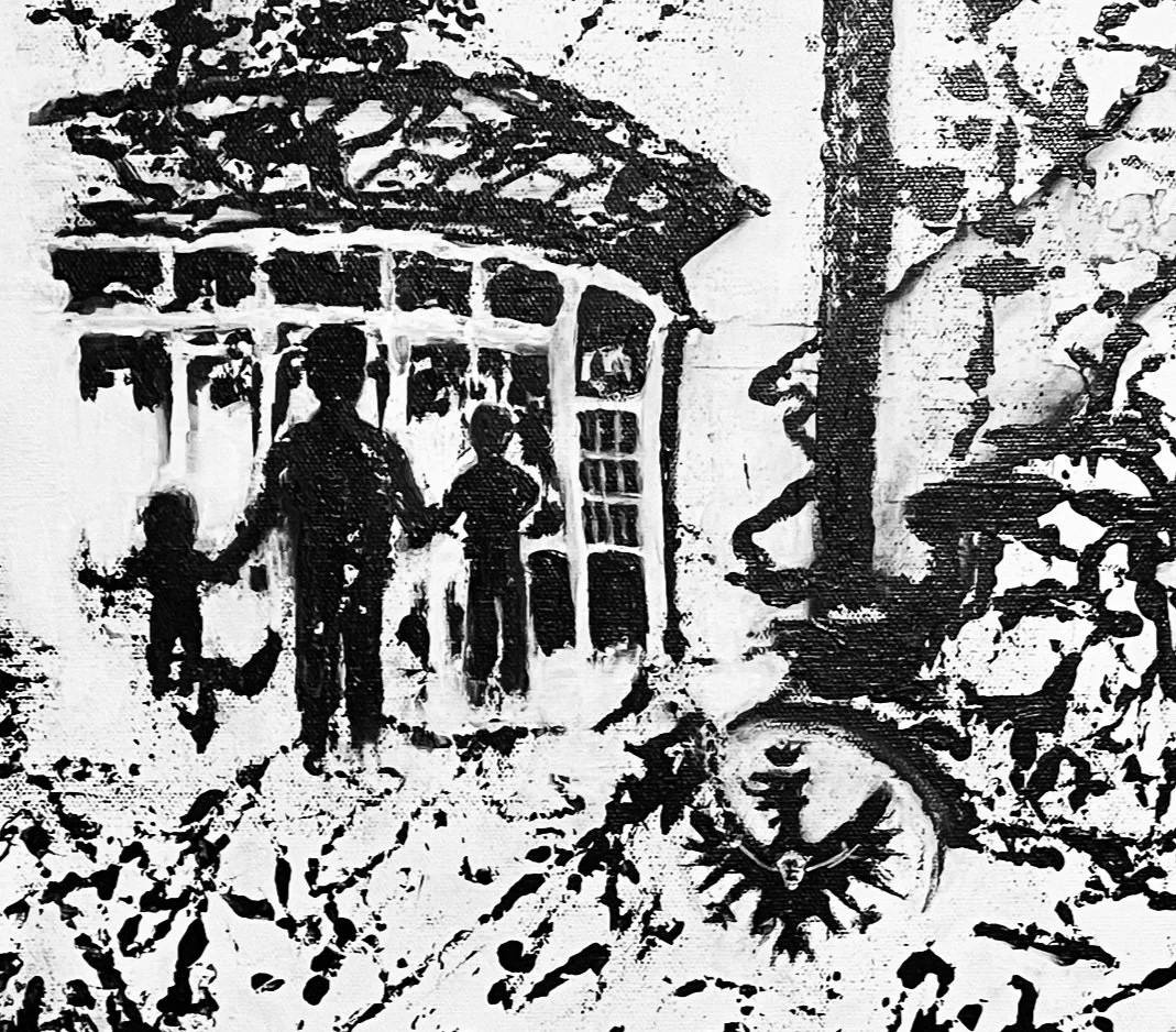 Detailansicht  Gemälde- Schwarz-weiße Illustration einer Familie,  Eintracht Frankfurt Stadion  Eintracht Frankfurt Wappen künstlerisch dargestellt