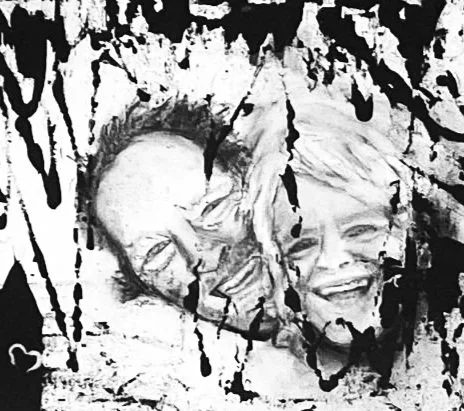 Ein Paar , gemalt in Schwarz-Weiß, umgeben von abstrakten schwarzen Linien.  Essence of Us Serie