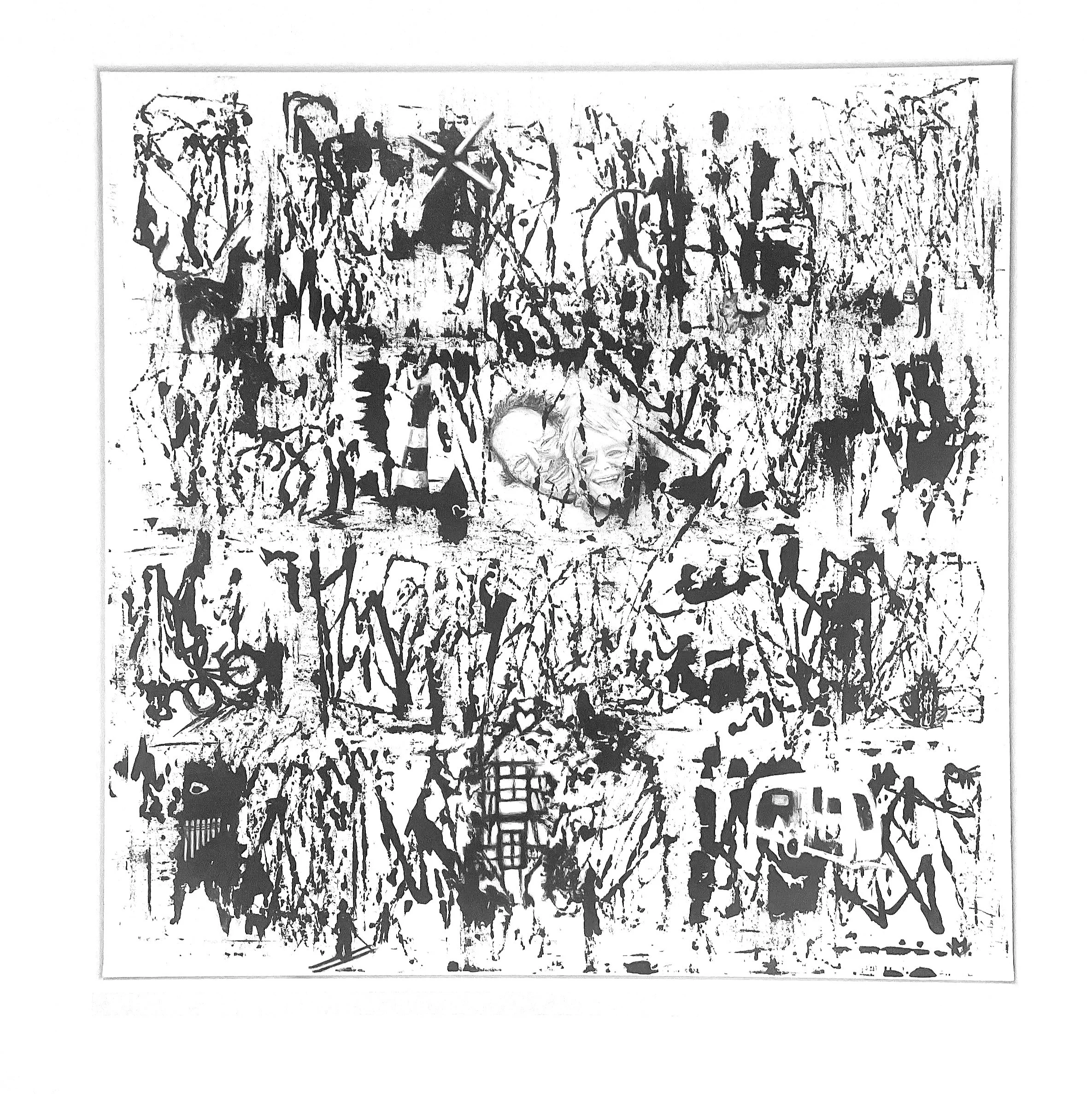 Ein abstraktes Schwarz-Weiß-Kunstwerk mit verschiedenen Linien, Formen und Texturen, die eine komplexe, chaotische Komposition bilden.