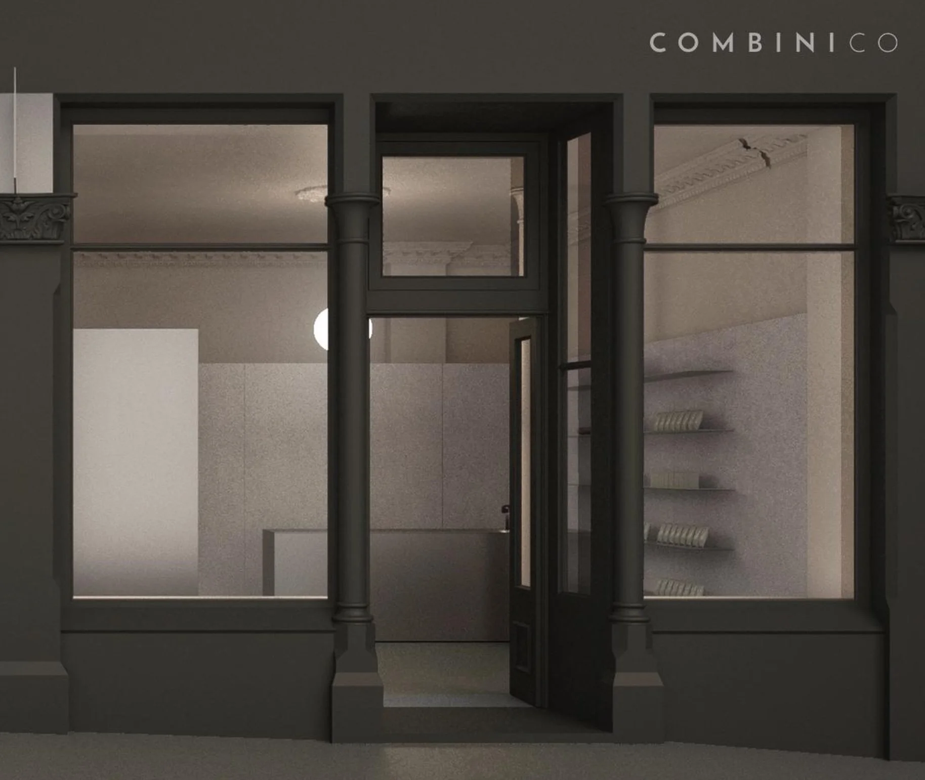 View through large glass doors into a modern interior space with high ceilings, decorative crown molding, and a staircase with a handrail.