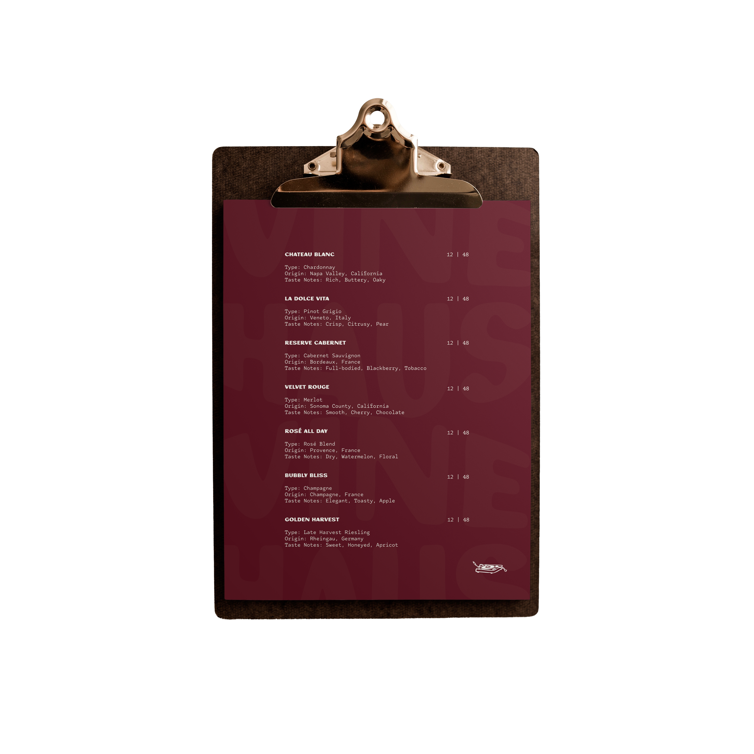 A wine list menu on a clipboard with varieties of wine, including Chateau Blanc Chardonnay, La Dolce Vita Pinot Grigio, Reserve Cabernet, Velvet Rouge Merlot, Golden Harvest Riesling, and Bubbly Bliss Champagne, each with details about type, origin, and taste notes.