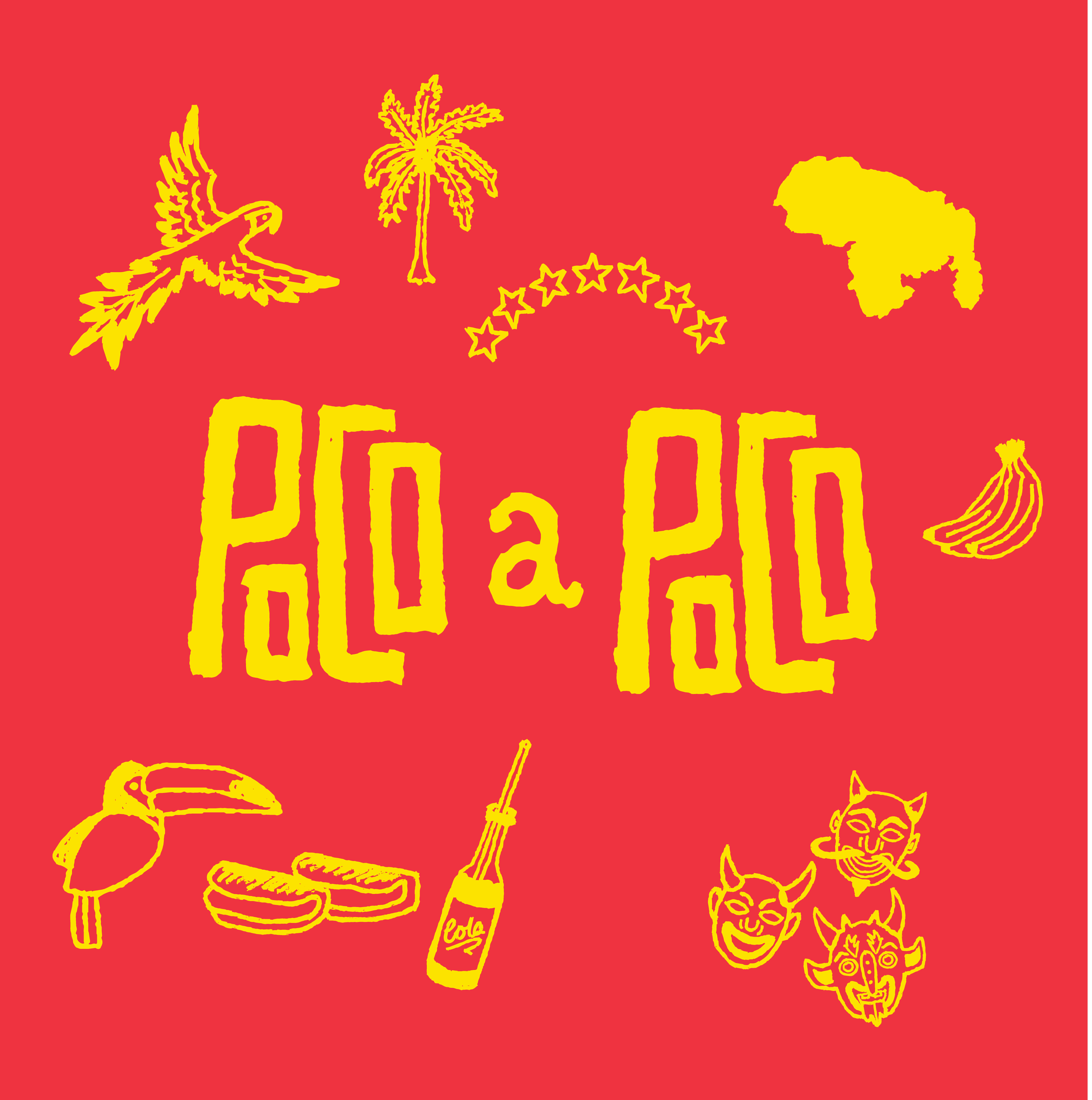 Red background with yellow line drawings of a parrot, a palm tree, stars, a burger, a soda, a pig, a cat, and a clown.