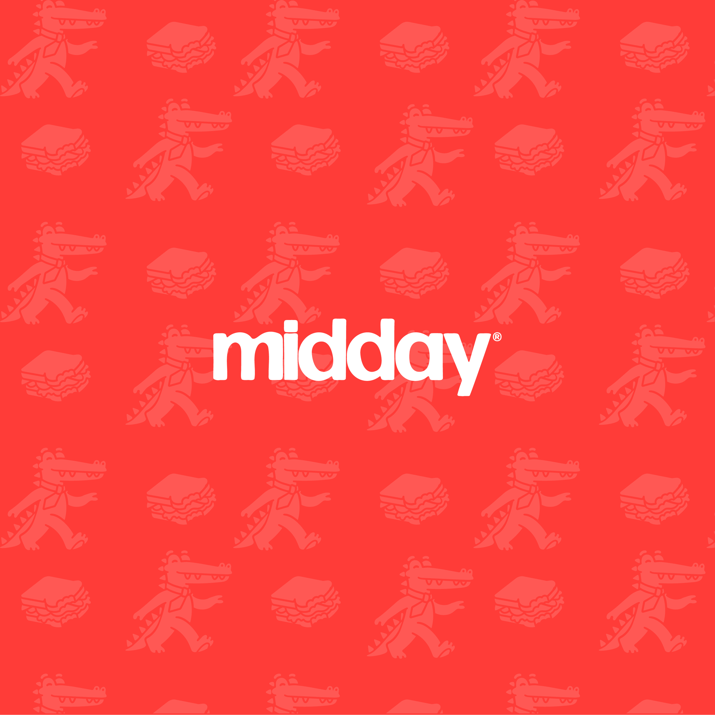 Red background with a pattern of light pink crocodiles and burger stacks throughout. The word "midday" is partly visible in white text at the bottom.