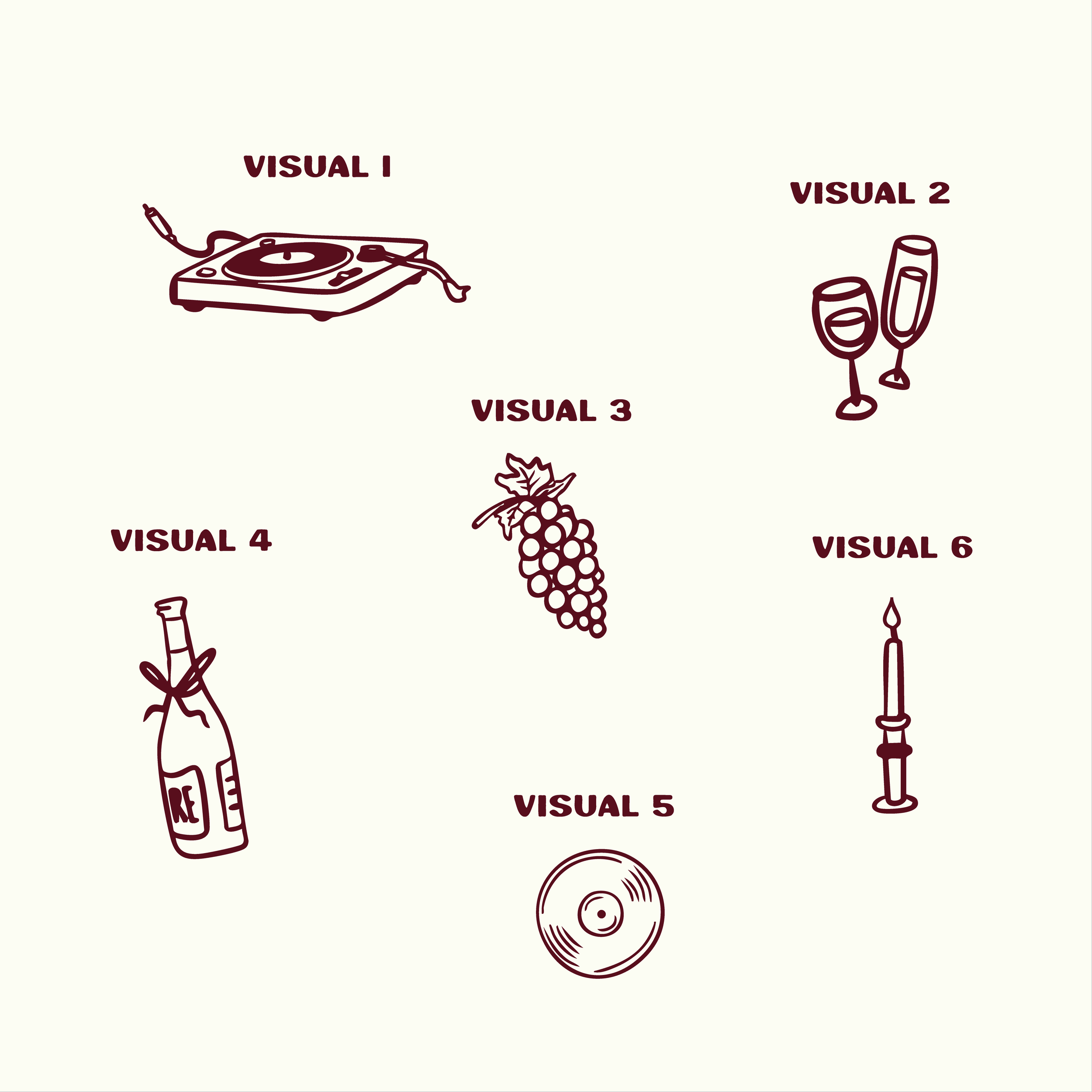 Drawing of various entertainment and beverage items, including a record, a corkscrew, a bottle, wine glasses, a turntable, a grape cluster, and a wine bottle, with labels 'VISUAL 1' through 'VISUAL 6'.