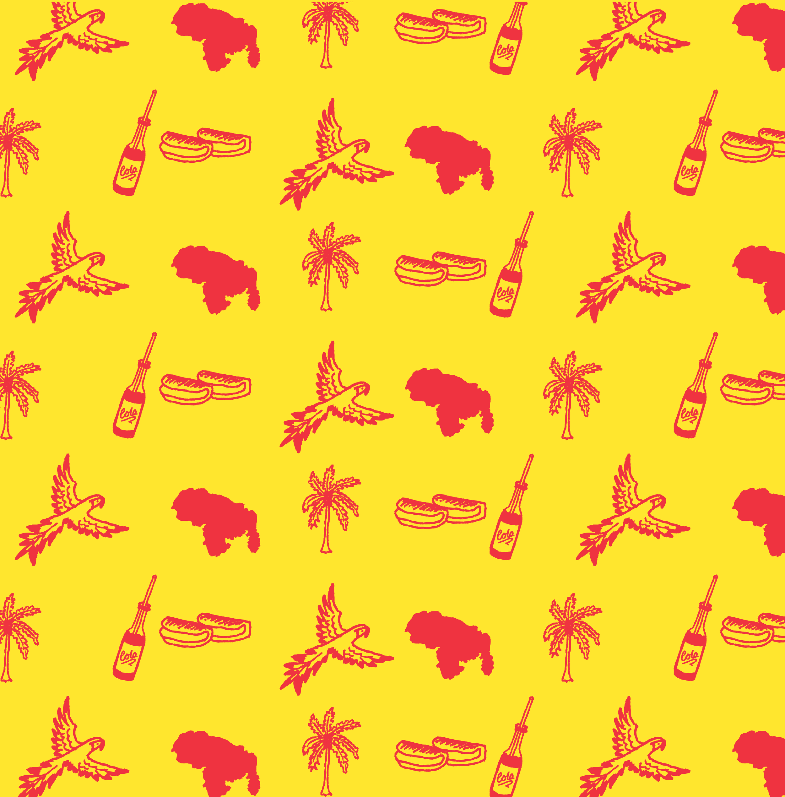 A repeating pattern on a yellow background featuring red silhouettes of Colombian flags, palm trees, birds with wide wings, hot dogs, and bottles of Colombiana soda.