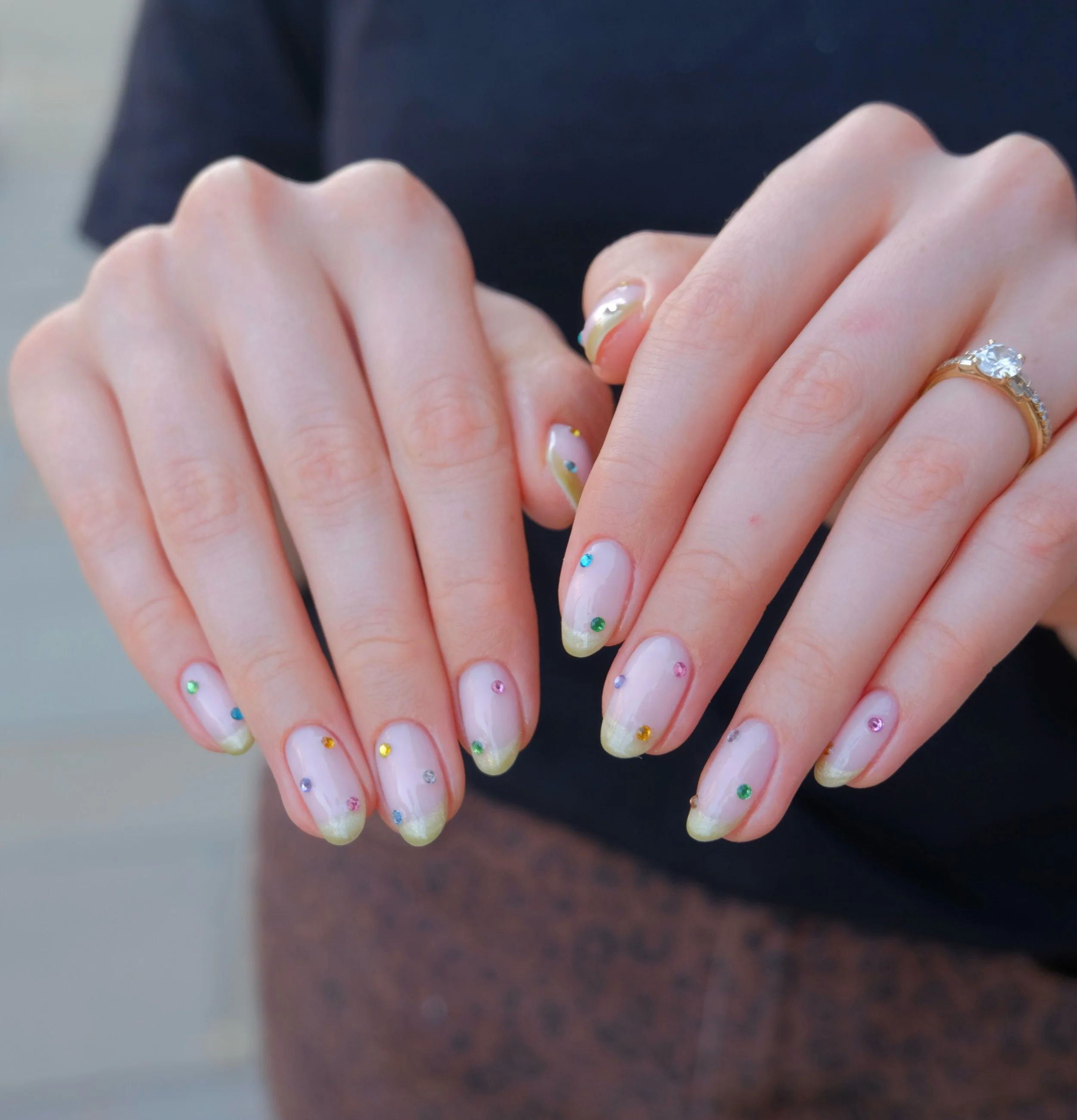 Green cat eye tips and colourful gemstones 🍋&zwj;🟩🫐🍋🍉🥝

Summer nail inspo | almond nails | Biab nails | nail inspo | fun nails | gem nails