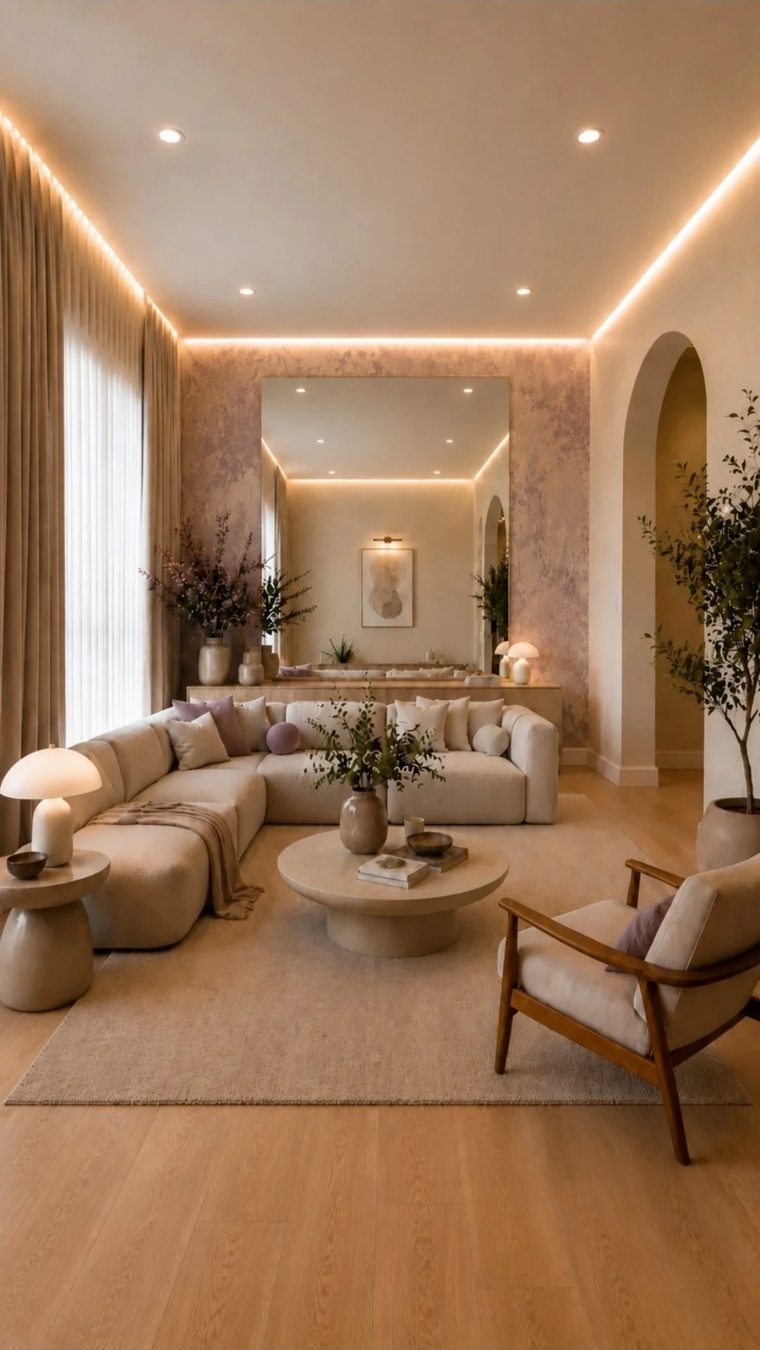 Living room with beige sectional sofa, armchair, wooden coffee table, side table with lamps, large window with beige curtains, and various decorative plants and artwork.