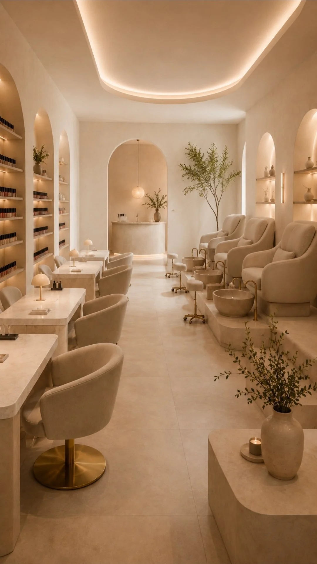 Interior of a cozy, elegant nail salon with manicure stations on the left and pedicure chairs with foot baths on the right, decorated with minimalist decor, potted plants, and warm lighting.