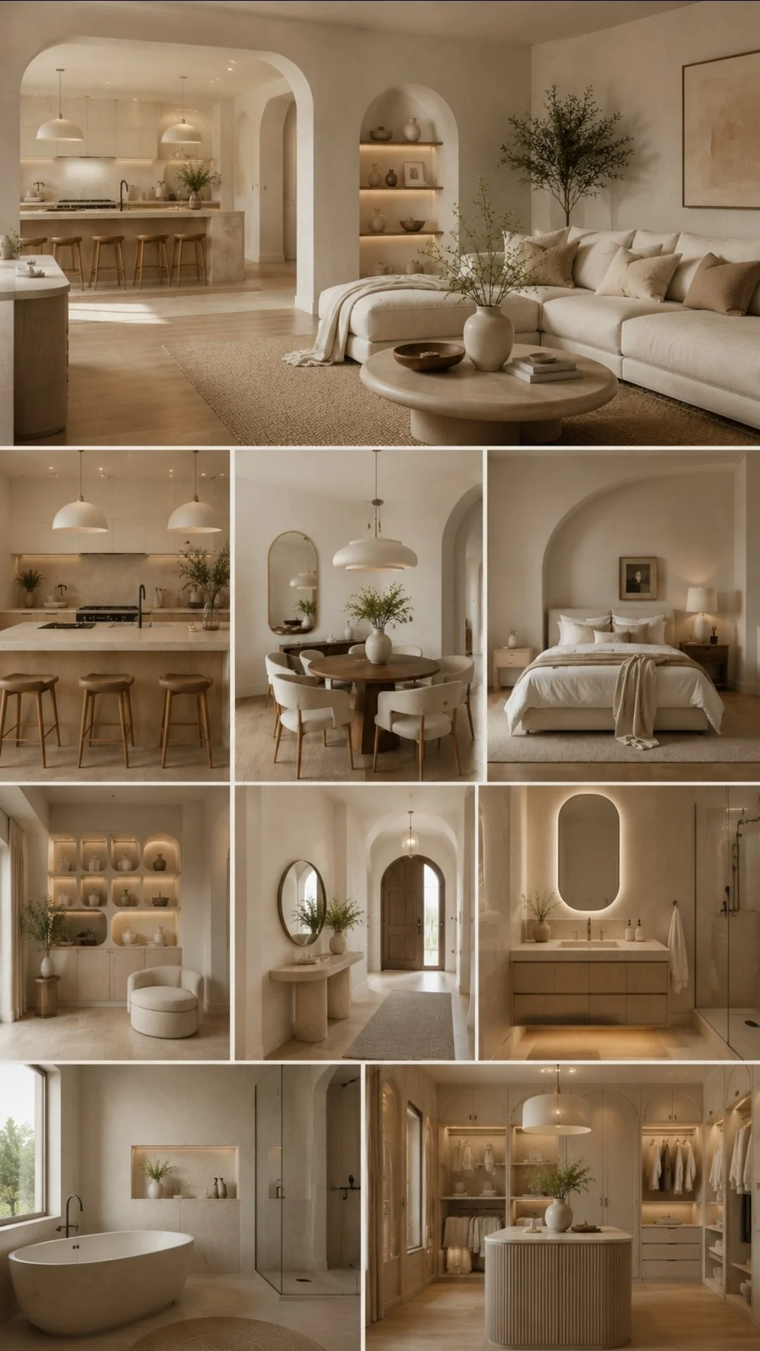 Collage of minimalist, neutral-toned interior spaces including a living room with a large white sofa and coffee table, a kitchen with bar stools, a dining area with a round table, a bathroom with a bathtub and shower, a walk-in closet, and an entryway with a door and mirror.