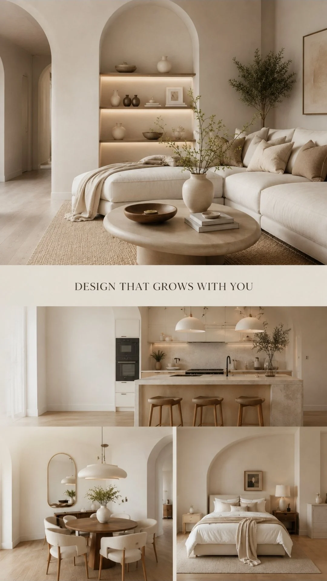 Interior design images showcasing a modern, minimalist home with neutral colors, natural materials, and clean lines, including a living room, kitchen, dining area, and bedroom.