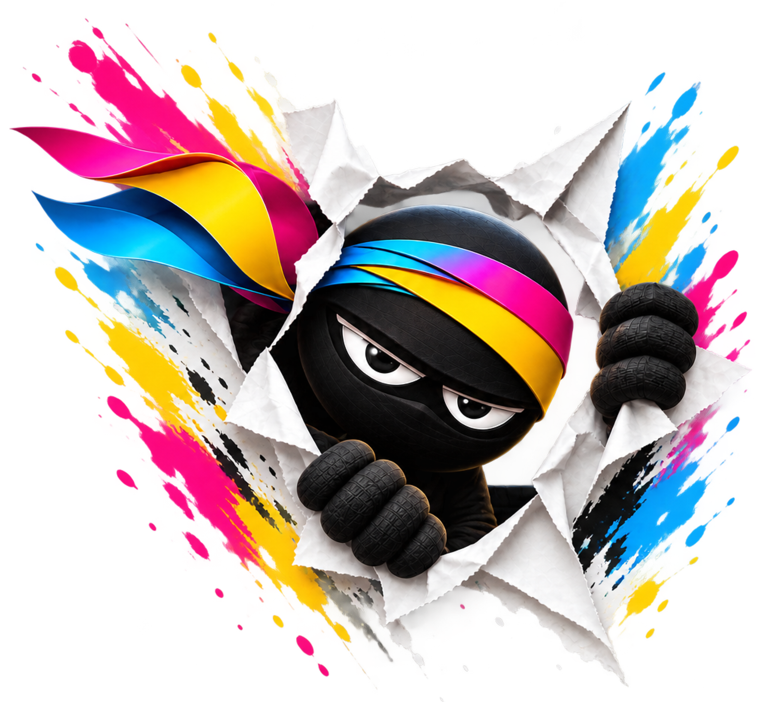 Colorful abstract background with torn paper effect and black spherical objects.