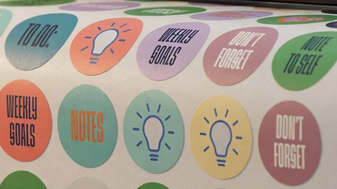 Sheet printing of coloured, laminated stickers for brnads and marketing.