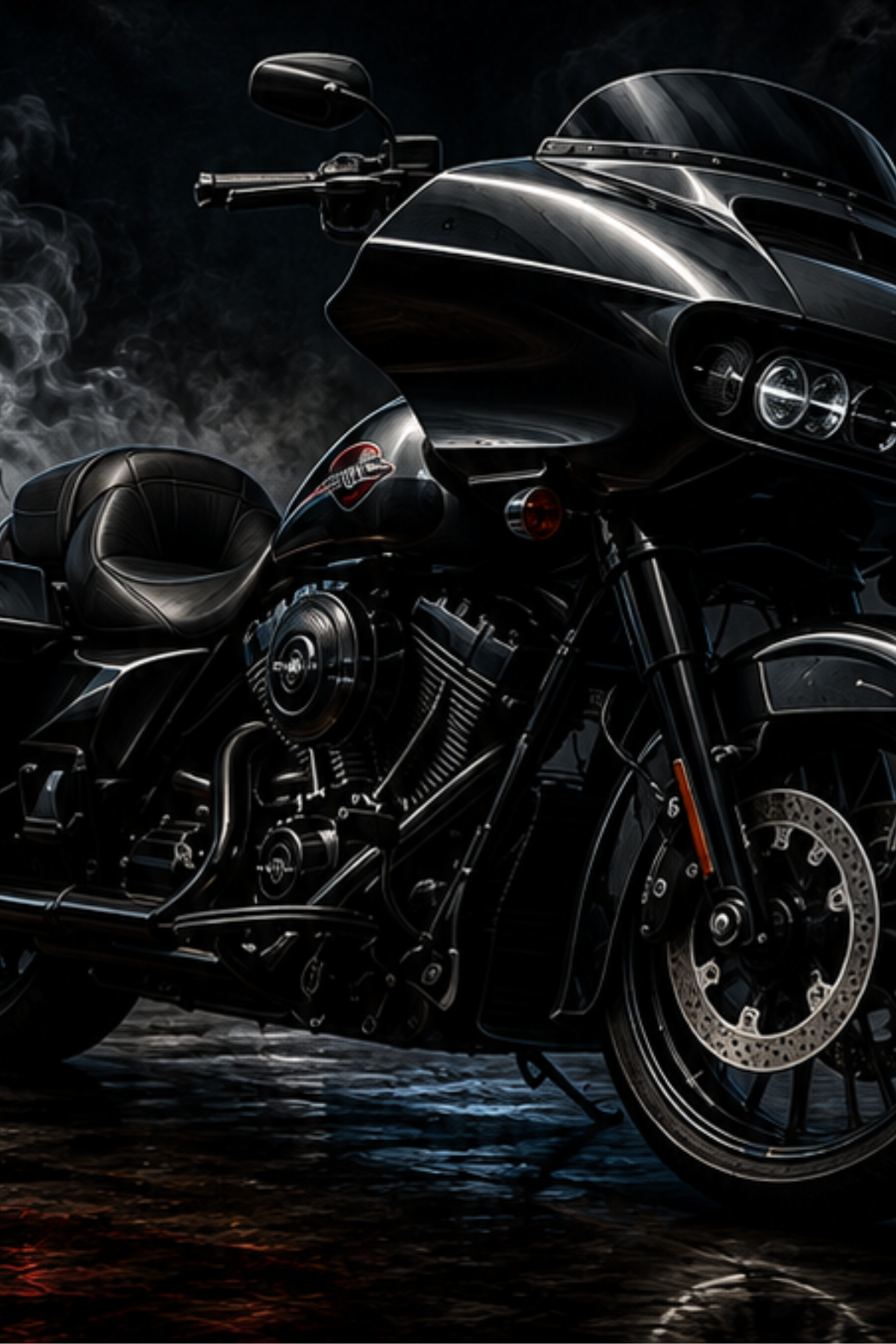 Black touring motorcycle parked on wet pavement in a dark, smoky setting