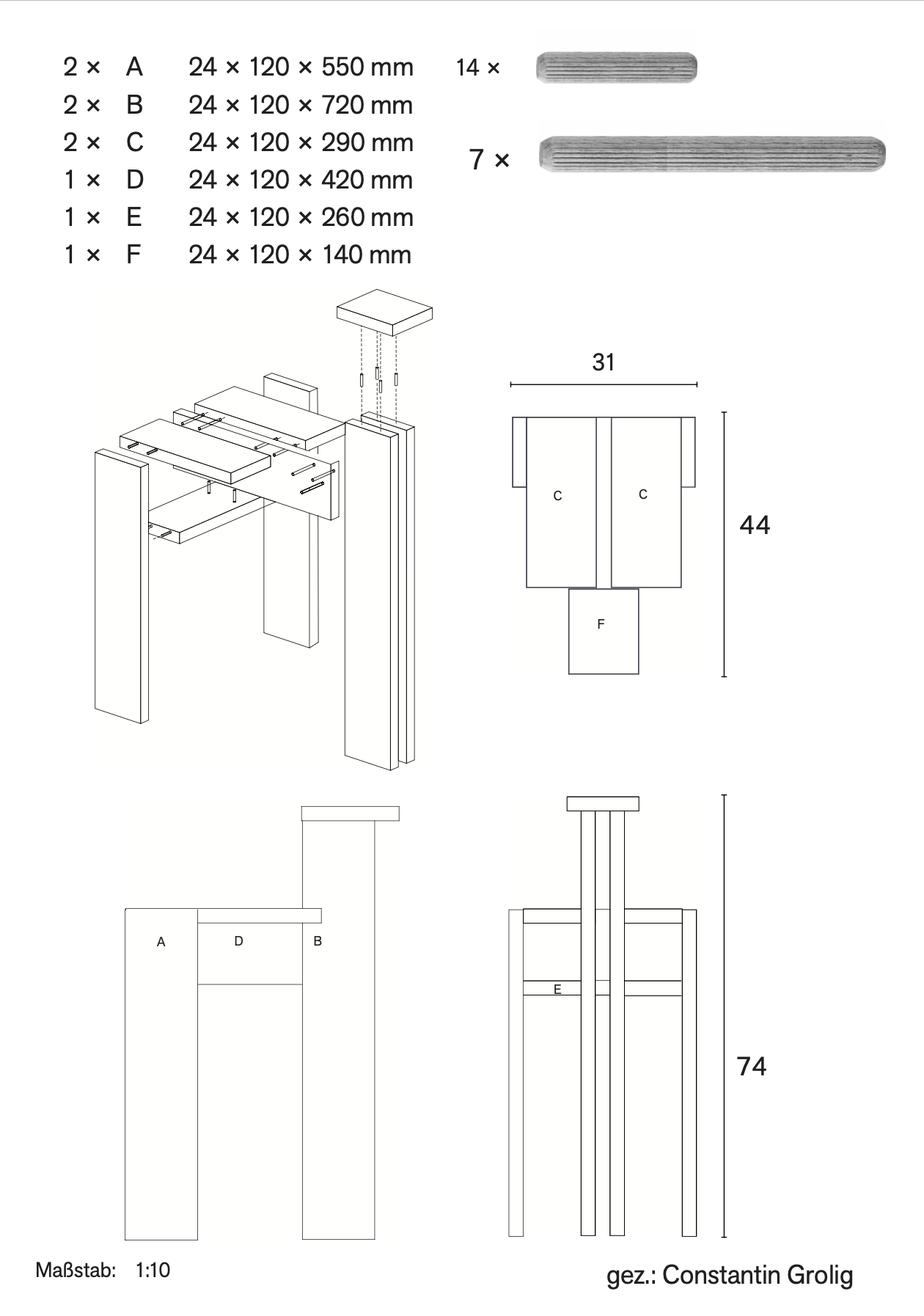 Technische Zeichnung eines Möbelaufbaus mit verschiedenen Holzstücken, Maße und Stückzahlen, inklusive einer Explosionszeichnung und einer draufsichts Ansicht. Das Bild ist vom Designer Constantin Grolig, Maßstab 1:10.