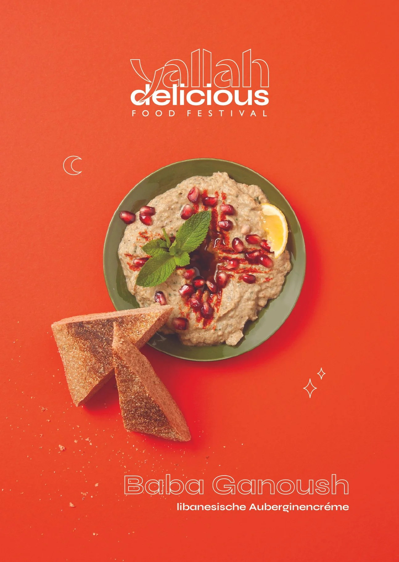 A poster advertising the Baba Ganoush dish at the Yallah Delicious Food Festival, featuring a bowl of baba ganoush garnished with pomegranate seeds, a lemon wedge, and mint leaves, with two pieces of toasted bread on a bright orange background.