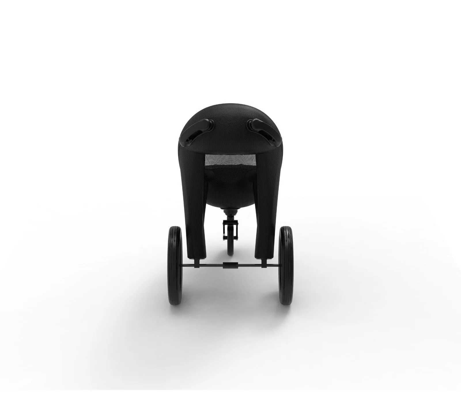 Schwarzer moderner Kinderwagen auf weißem Hintergrund, frontal Ansicht.