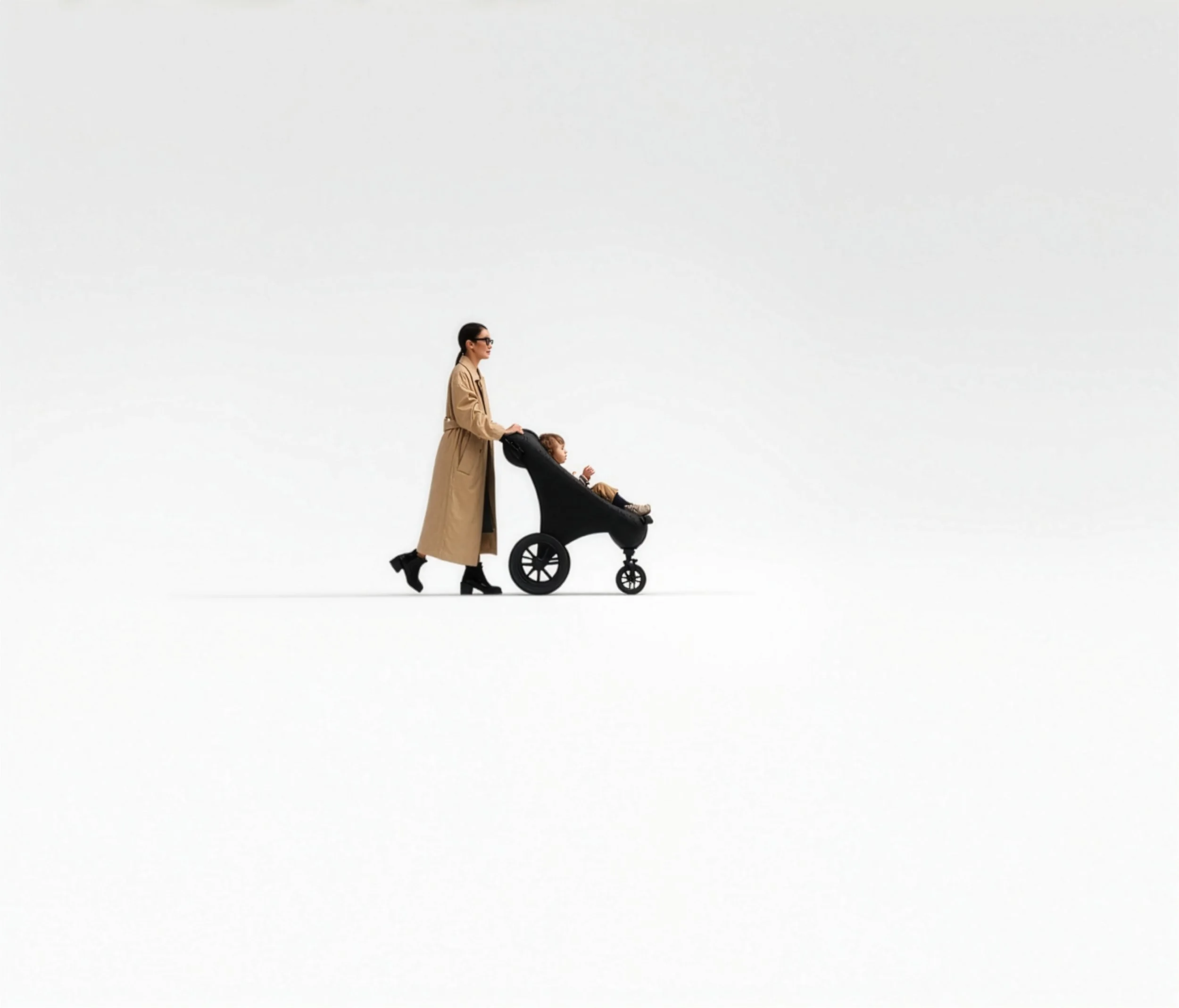 Frau mit dunkler Brille und beige Trenchcoat schiebt einen Kinderwagen, in dem ein Kind sitzt, vor einem großen weißen Hintergrund.