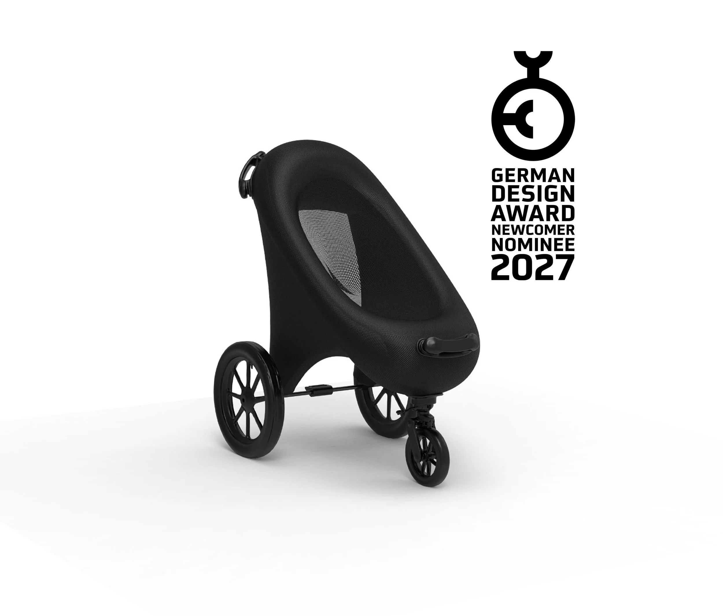 A black air blown baby stroller with three large wheels and a mesh canopy, positioned at a slight angle on a white background.