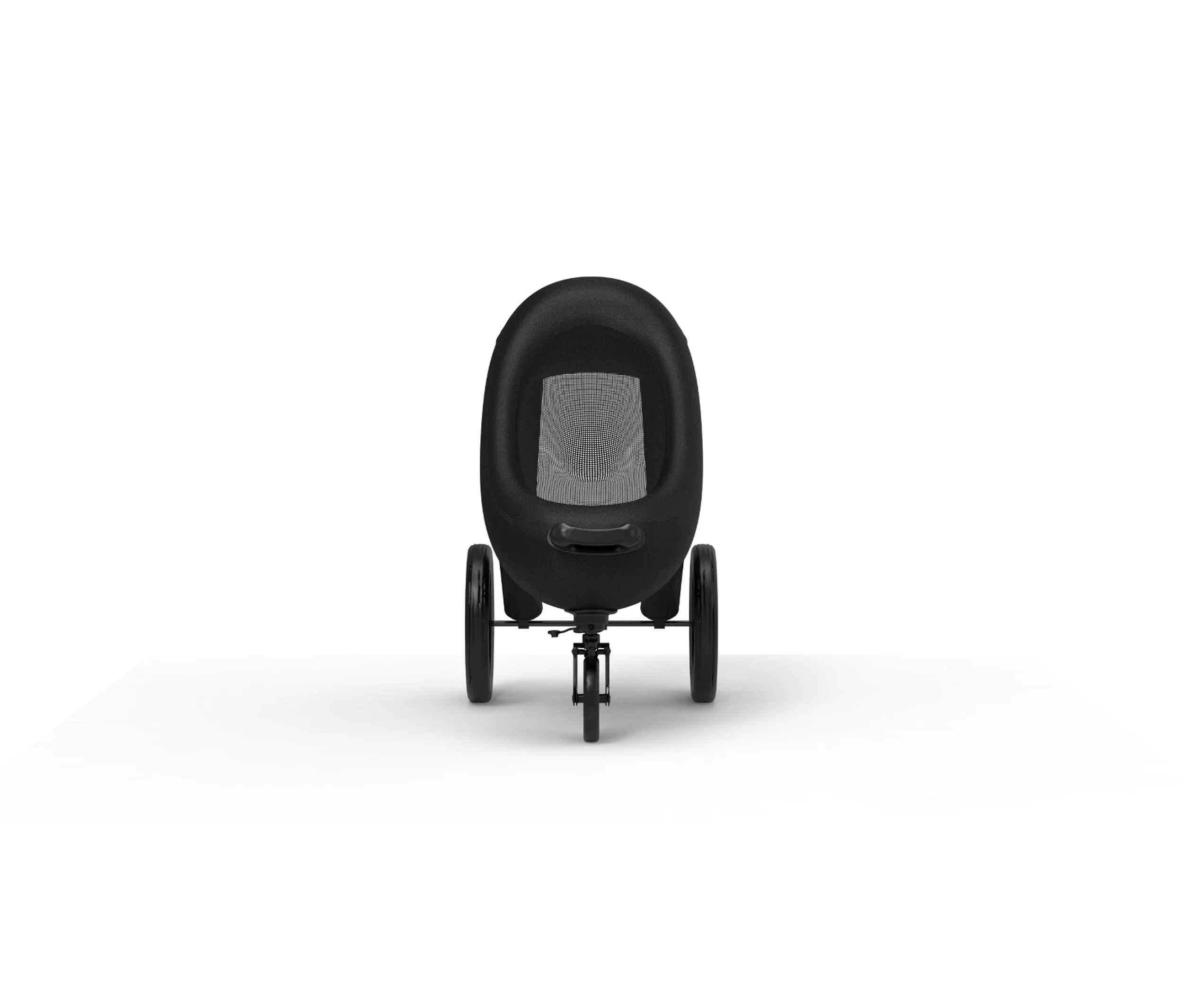 Ein Kinderfahrrad mit schwarzem Sitz und großen Rädern, auf einem weißen Hintergrund.