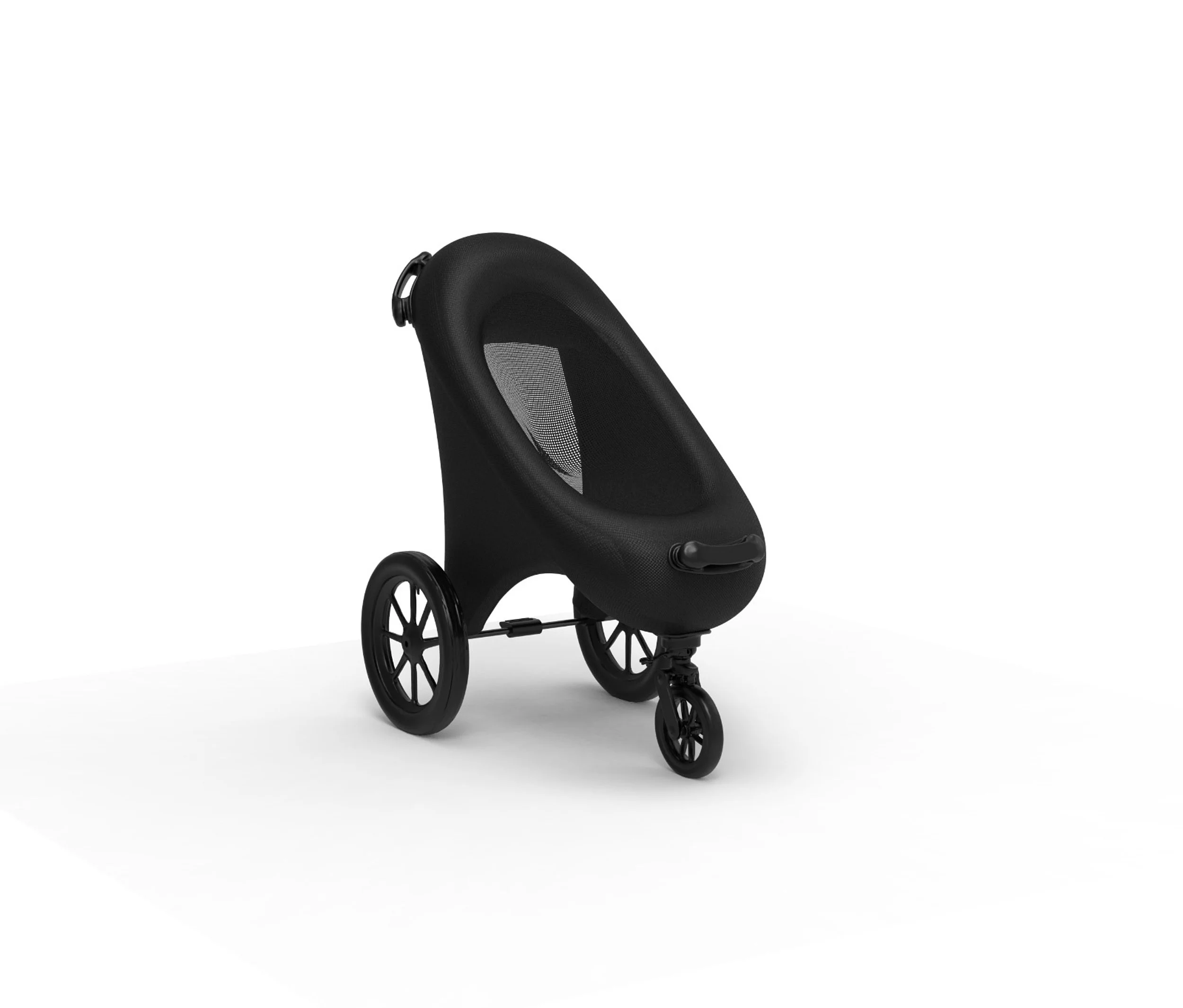 Ein schwarzer Kinder-Liegefahrrad mit drei Rädern auf weißem Hintergrund.