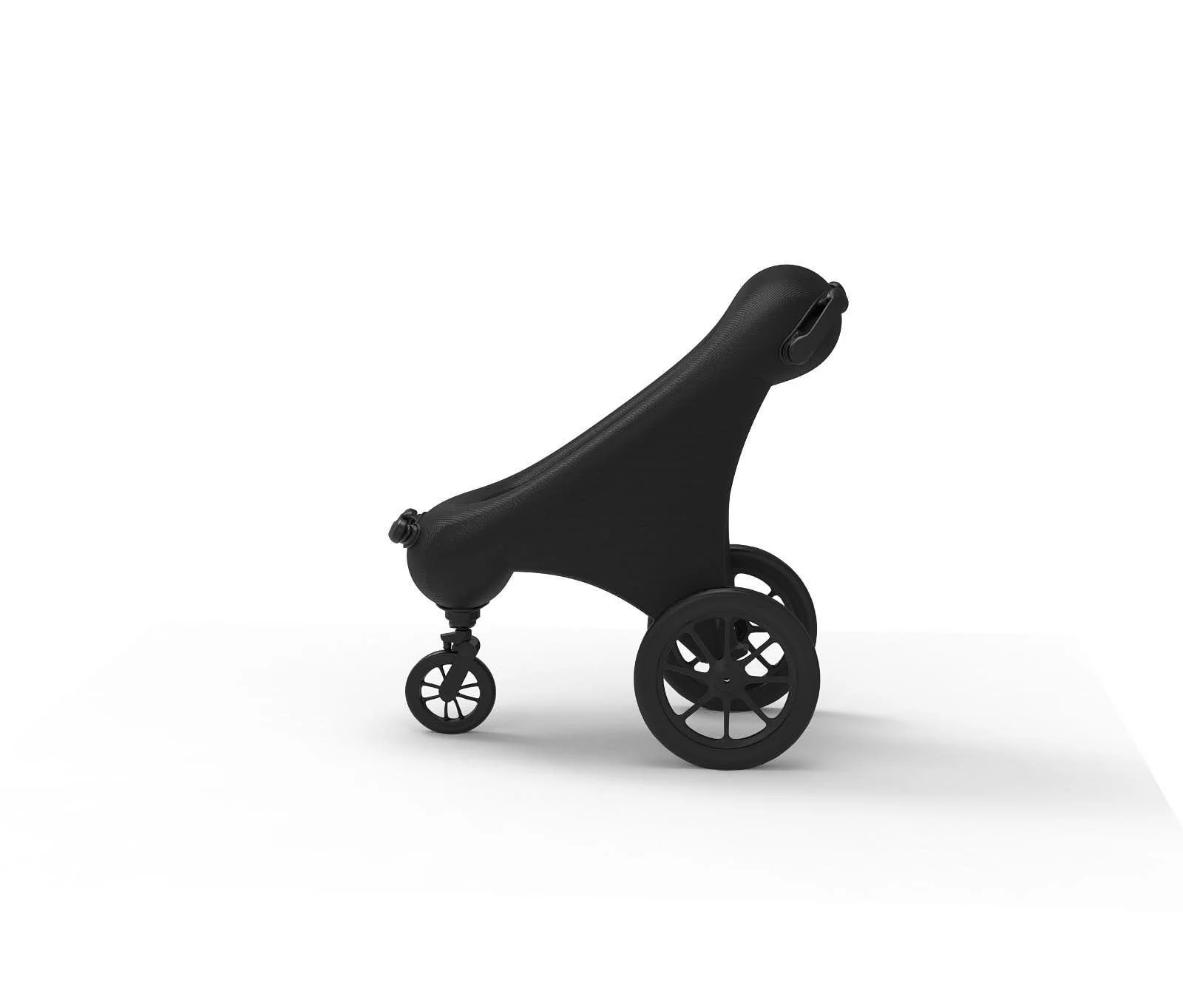 Roter Kinderwagen mit schwarzen Rädern auf weißem Hintergrund