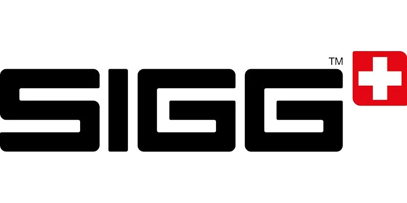Logotyp för Sigg med en vit korsymbol i röd fyrkant.