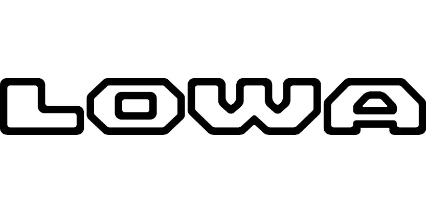 Logotyp med texten "LOWA" i svart outline på vit bakgrund.