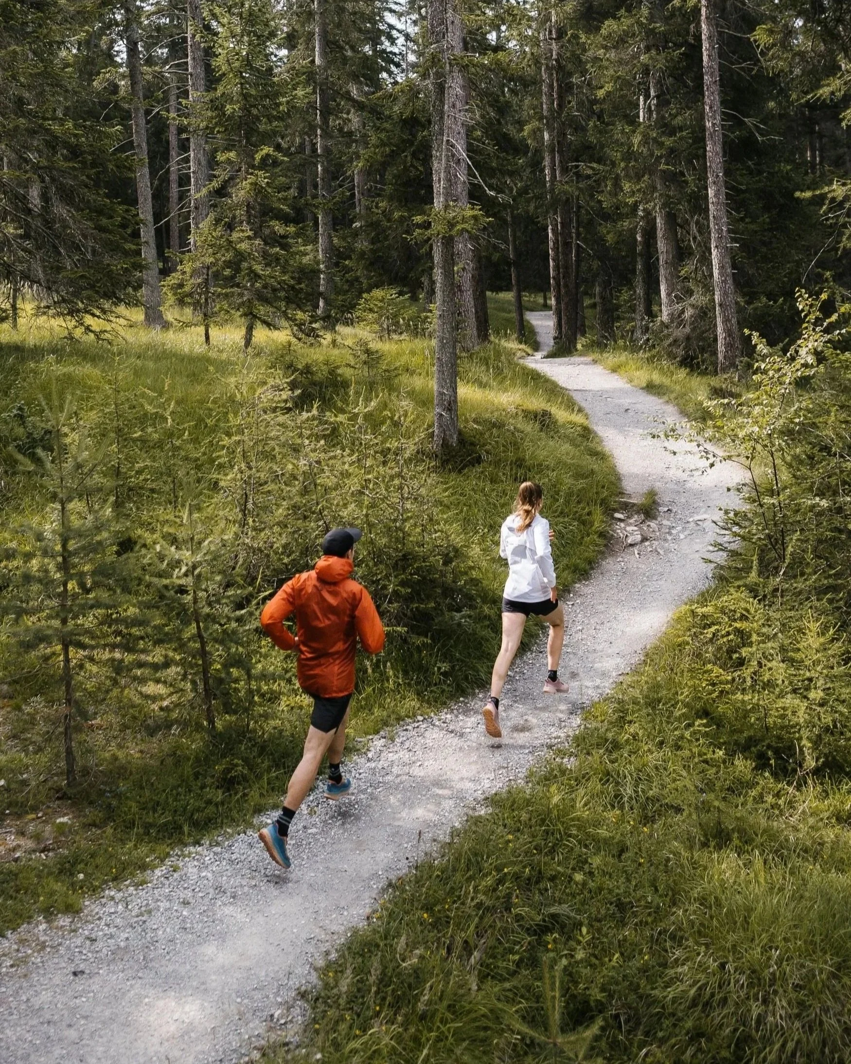 Två personer springer på en grusväg i en skog med höga träd och grönt gräs.