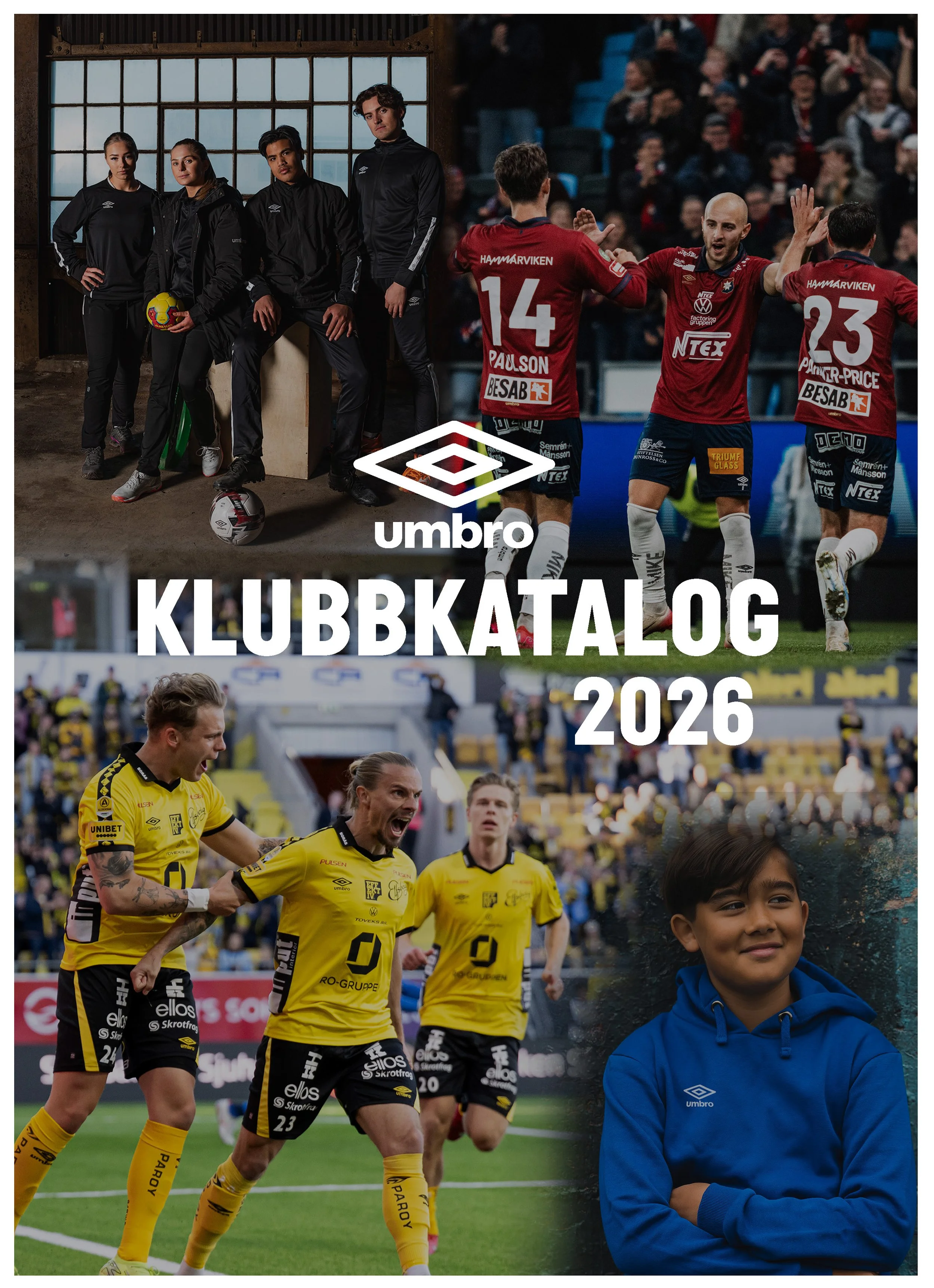Grupp av fotbollsspelare i gul tröja som firar på planen med en pojke i blå hoodie i förgrunden. I bakgrunden en fotbollsarena fylld med åskådare.