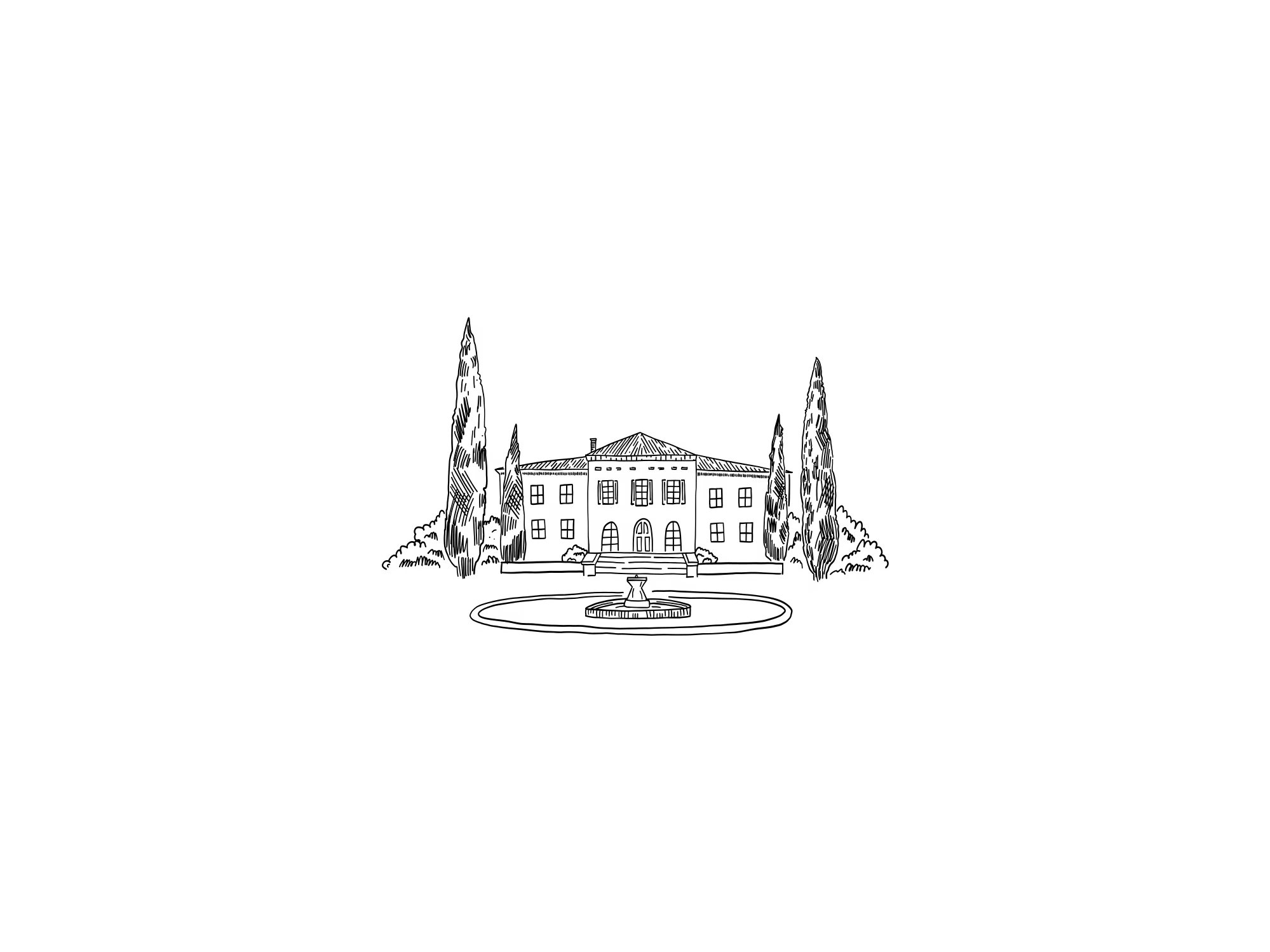 Un dessin noir et blanc d'un château entouré de quatre grands arbres et d'une fontaine au premier plan.