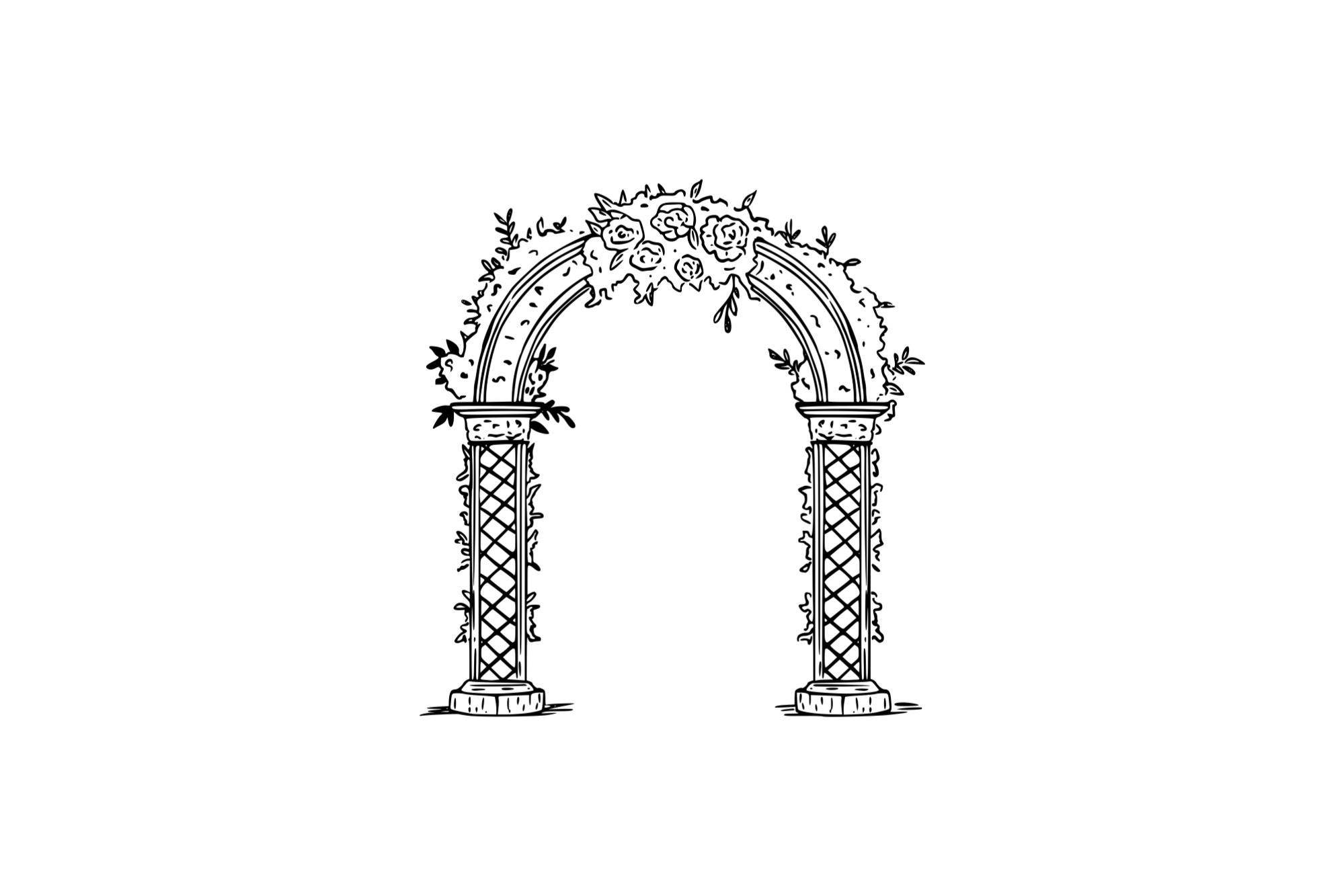 Un arc en roses entouré de fleurs et de feuillages.