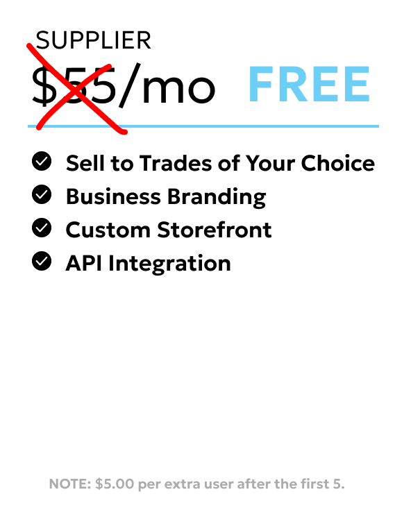 Advertisement for a business service offering free plans, with a crossed-out price of $55 per month, and features including selling to trades, business branding, custom storefront, and API integration.