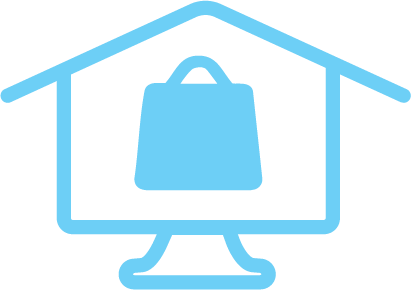 Illustration of an online shopping store with a shopping bag inside a house outline on a computer screen.