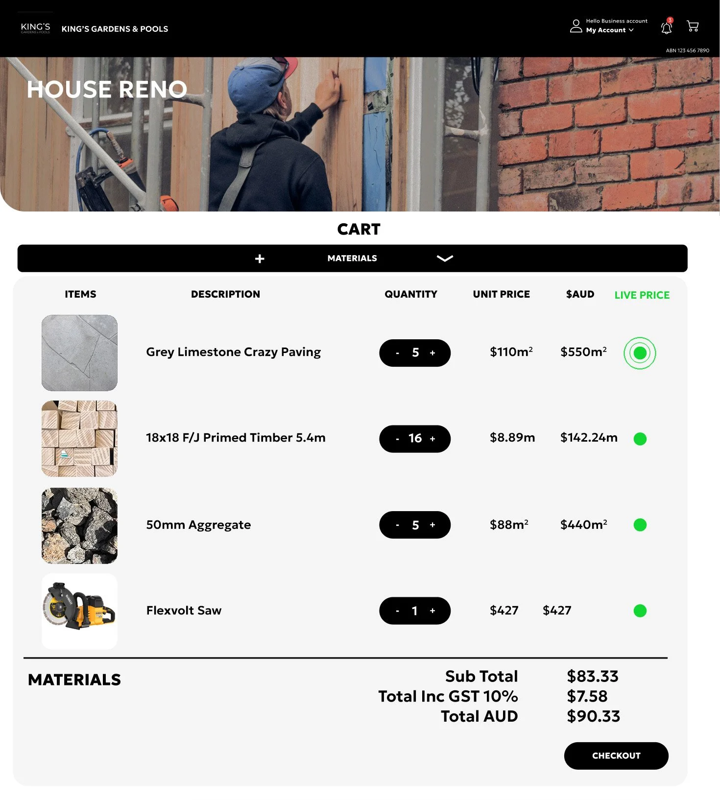 Online shopping cart with construction materials including grey limestone paving, timber, aggregate, and a cordless saw, listed with quantity, unit prices, and total costs in Australian dollars.