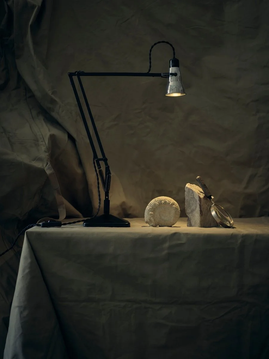 A black adjustable desk lamp illuminating a table with fossils, a magnifying glass, and a rock, set against a crumpled beige backdrop.