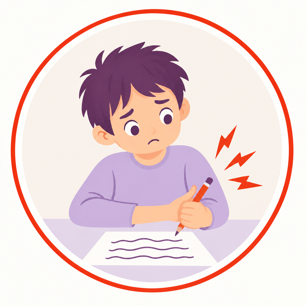 Un garçon avec une expression inquiète tient un crayon en se frappant le doigt à la tête, indiquant une douleur ou une difficulté.