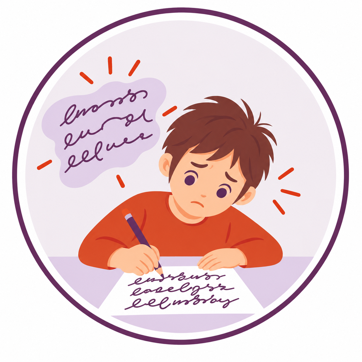 Un garçon triste écrit une ligne de texte confuse, pensant qu'il doit apprendre à écrire.