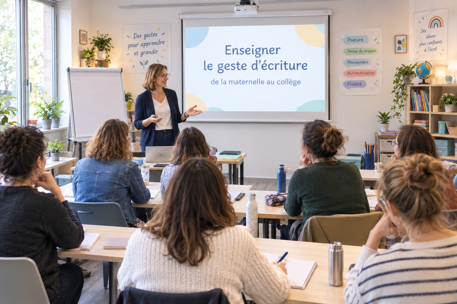 Une classe d'école maternelle ou collège avec une enseignante devant un tableau numérique abordant le thème de l'écriture, avec plusieurs élèves assis à des tables, certains prennent des notes.
