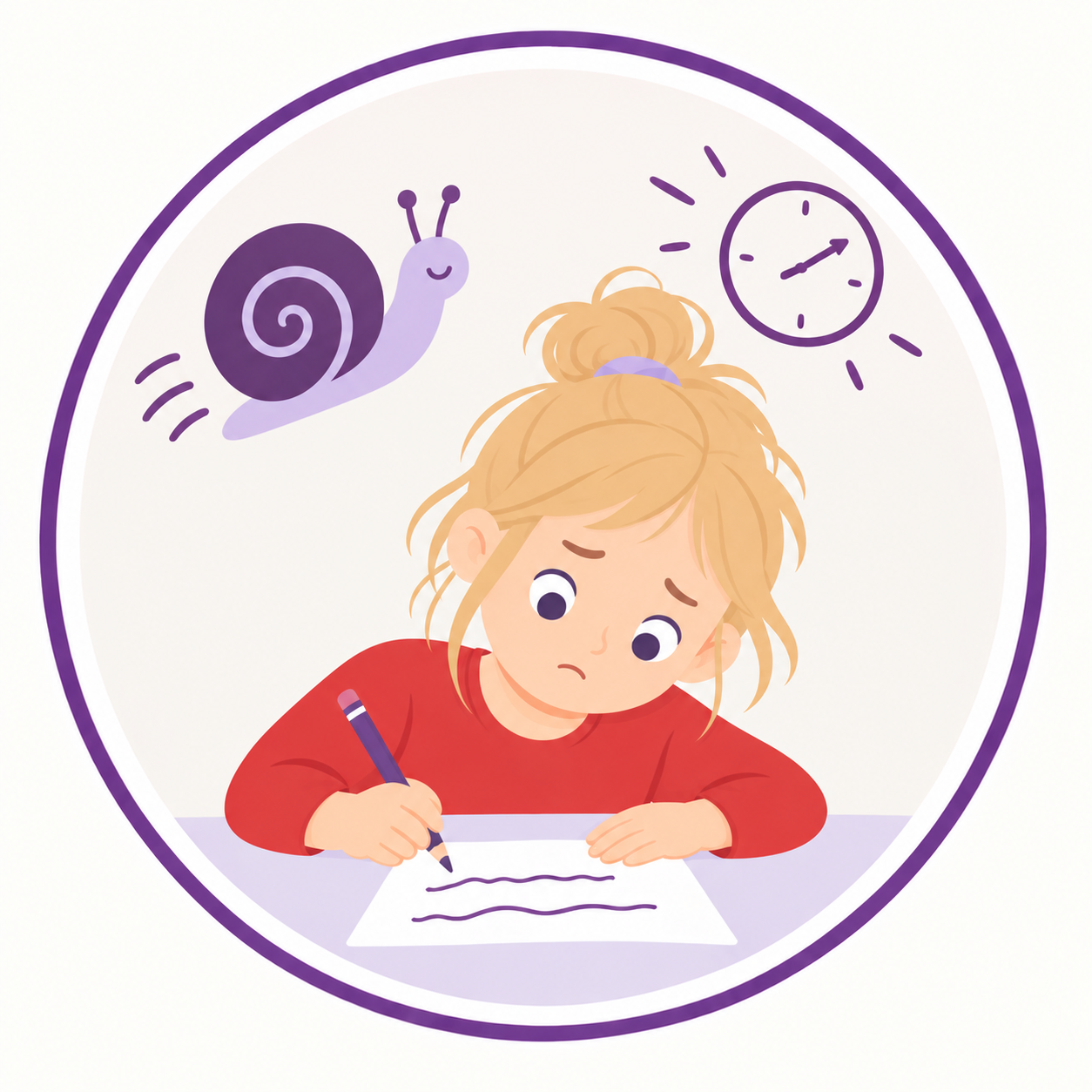Une fille stressée écrit une feuille de papier, entourée d'une horloge, d'une chenille et d'une spirale, symbolisant la pression et l'anxiété liée au temps et aux devoirs.