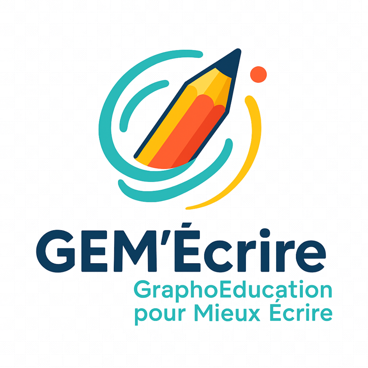 Logo avec un crayon coloré entouré de cercles bleus et jaunes, accompagnant le texte 'GEM'Écrire' en bleu foncé et le sous-titre 'GraphoEducation pour Mieux Écrire'.