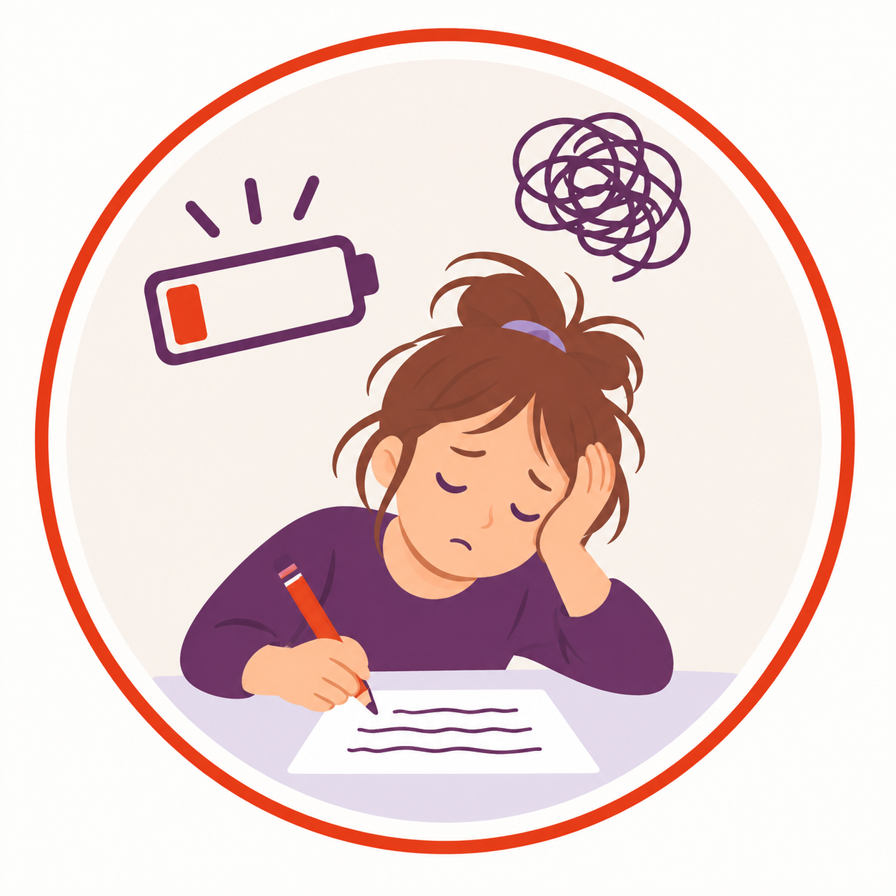 Une jeune fille fatiguée, assise à une table, tient un stylo et écrit sur une feuille. Elle se tient la tête avec une main. En arrière-plan, un symbole de batterie faible, un nuage de pensées en désordre et une expression de fatigue signent sa fatigue.