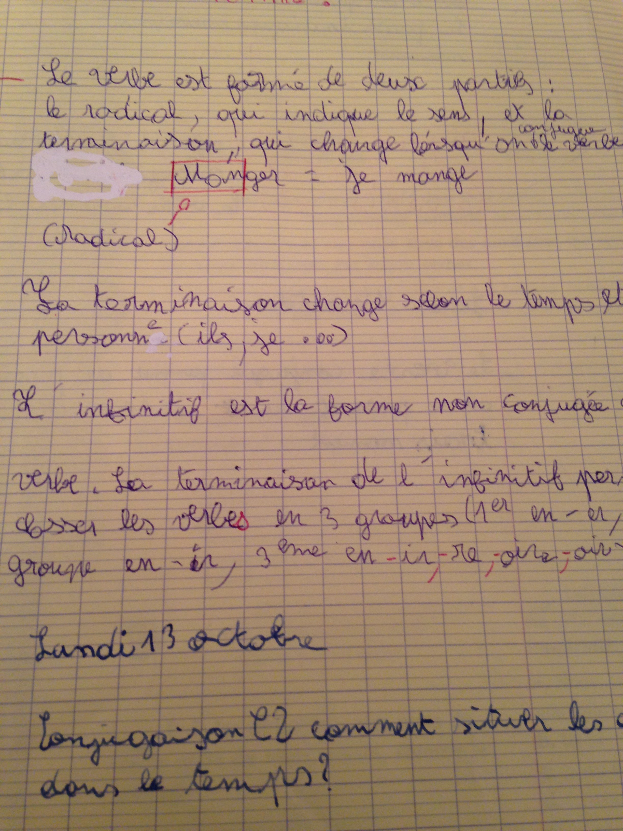 Page de cahier à carreaux avec écritures en stylo violet, contenant des notes manuscrites en français. Le texte parle de la formation de la vallée à partir du relief, de la liaison entre la formation et le changement de la température et du calendrier. La date mentionnée est lundi 13 octobre.