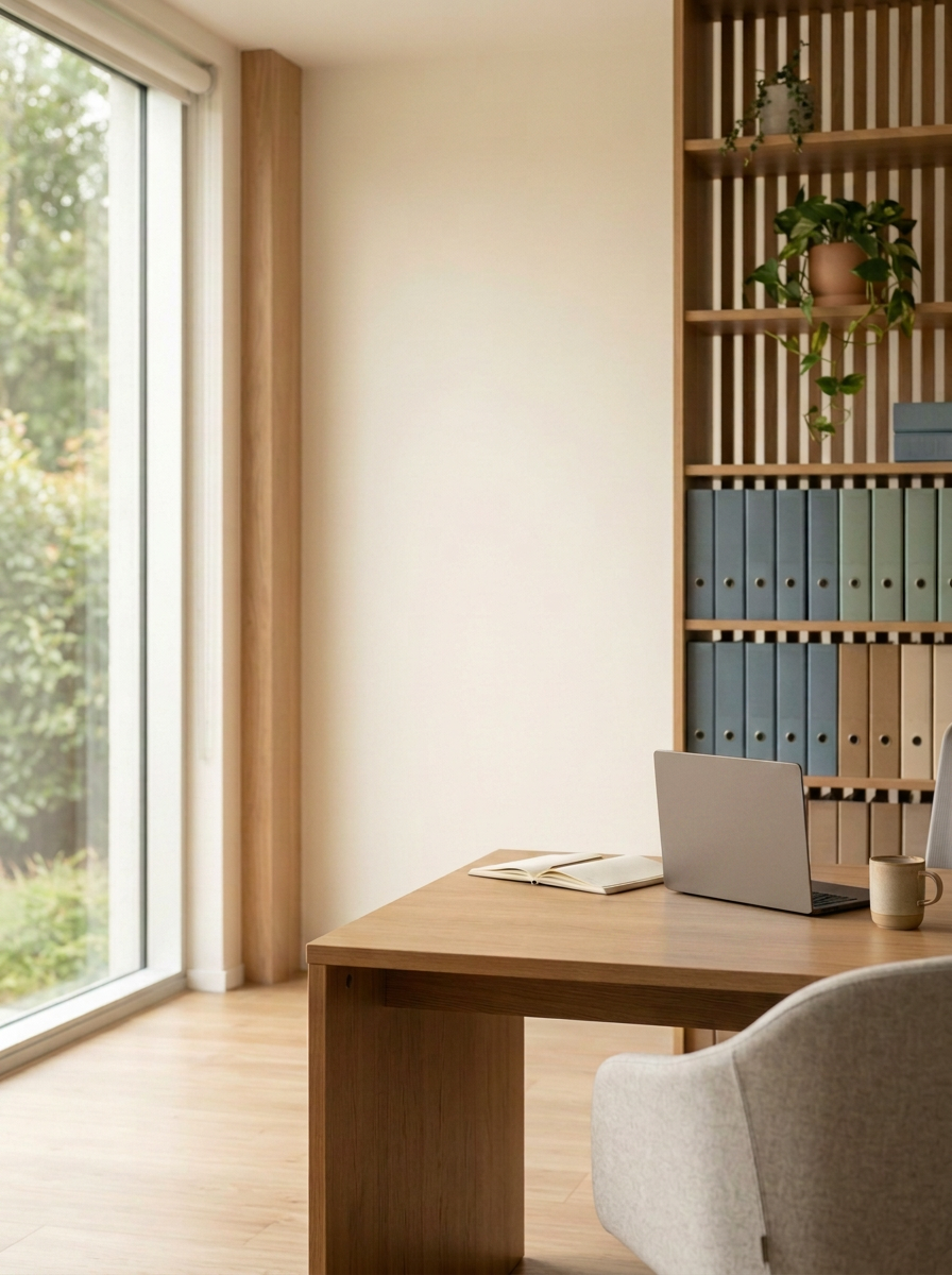 Calm home office with wooden desk, laptop and shelving beside a large window.