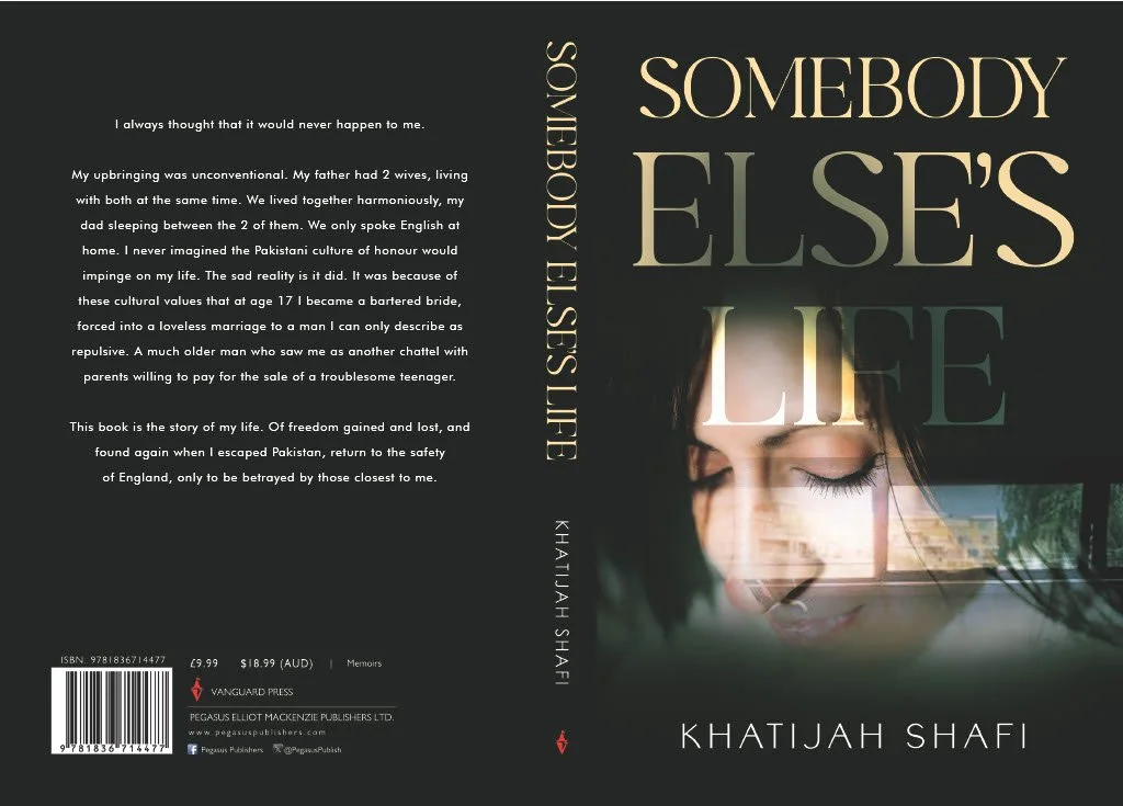 Book cover of 'Somebody Else's Life' by Khatijah Shafi, featuring a woman with closed eyes and a reflection in a window, with a background of a cityscape.