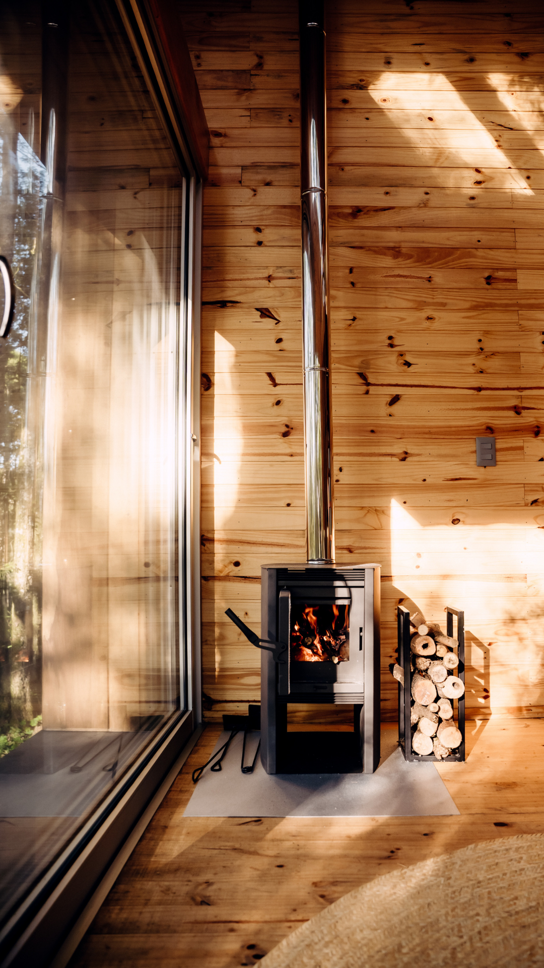 Wood-paneled interior with a small stove, a pipe extending from the stove to the ceiling, and a wood storage rack filled with logs. Sunlight filters through a large glass window on the left.