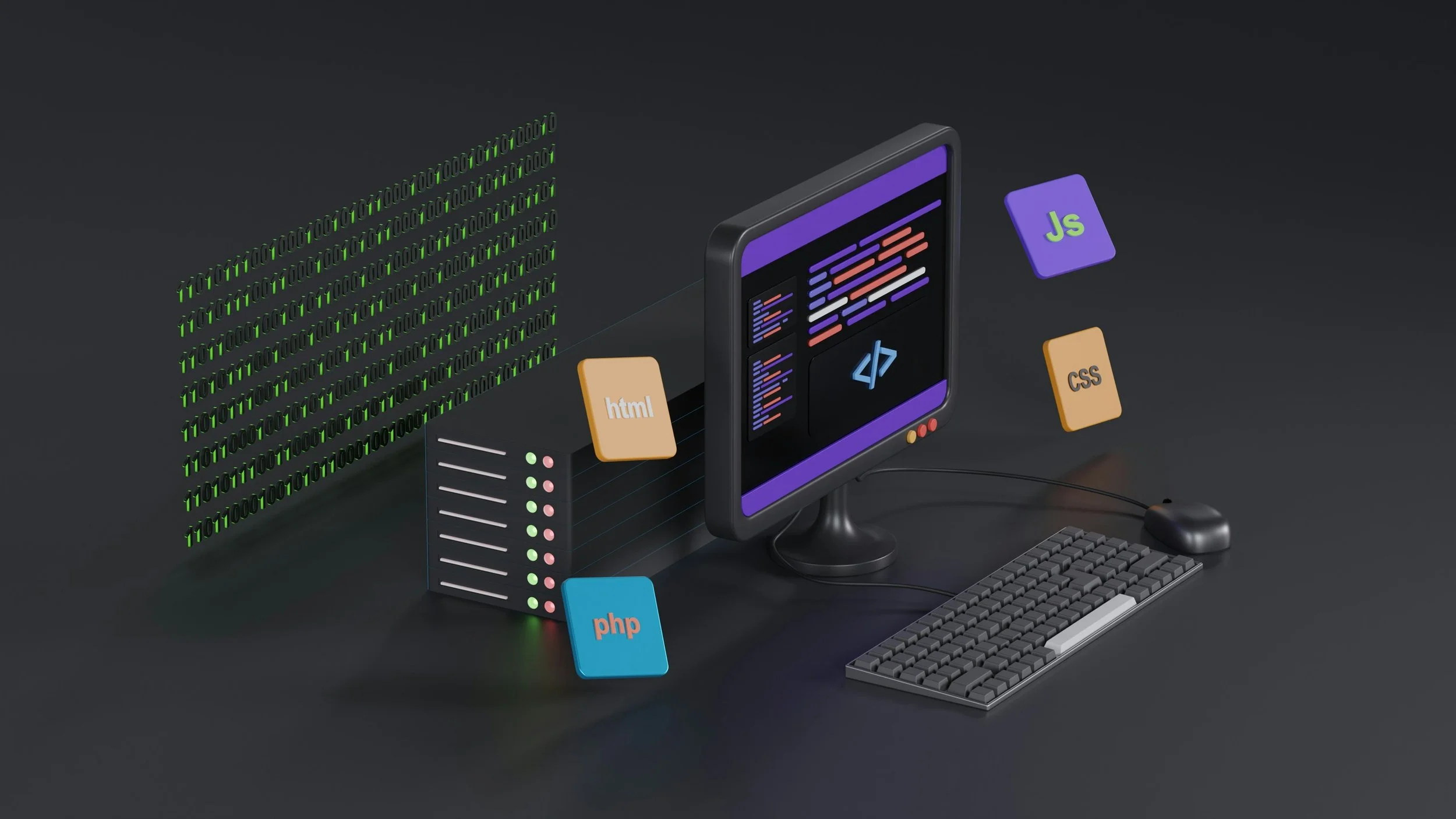 A computer setup with a monitor displaying coding code, a keyboard, mouse, and server. The setup includes icons labeled 'html', 'css', 'php', and 'Js', representing different programming languages.