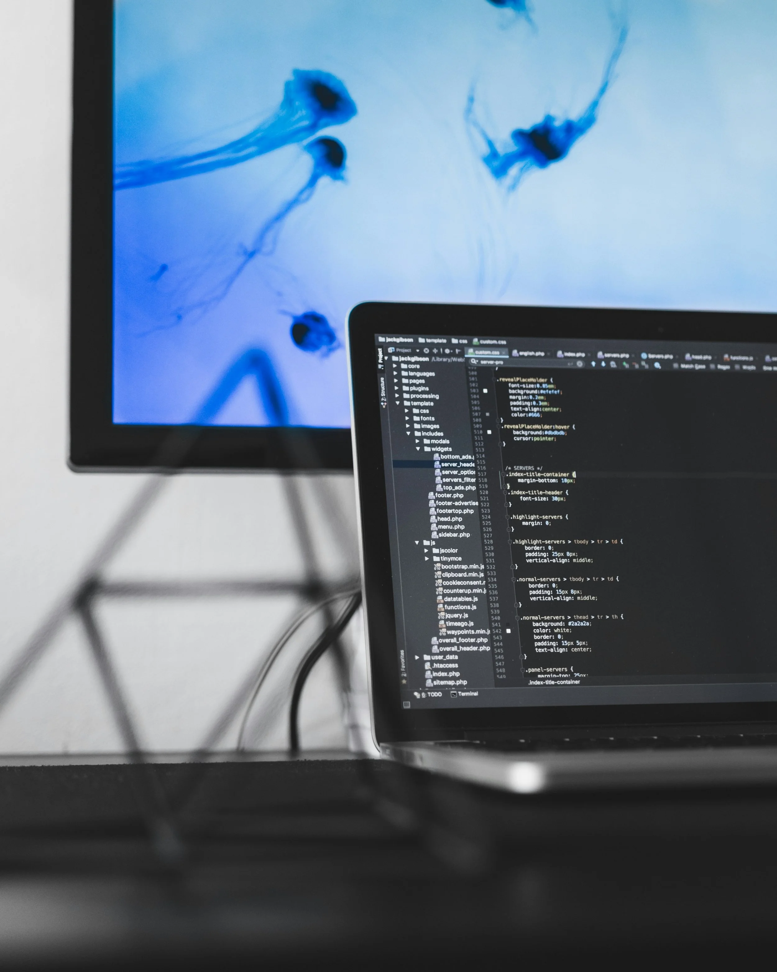 Close-up of a computer screen showing a code editor with HTML or CSS code, with a blurred background of a blue abstract art image.
