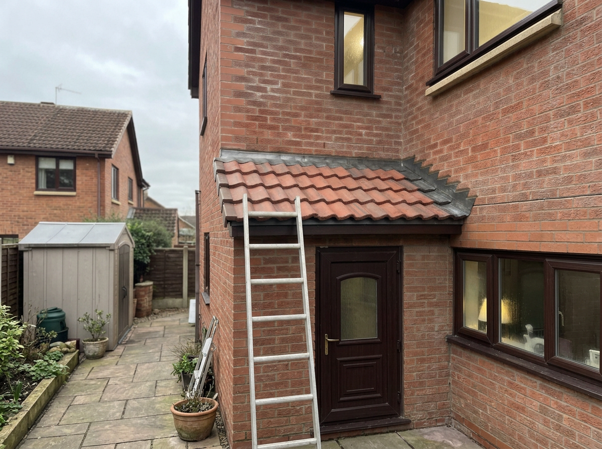 Brick house with small roof over door, ladder leaning against the house, potted plants, and garden shed in the background.